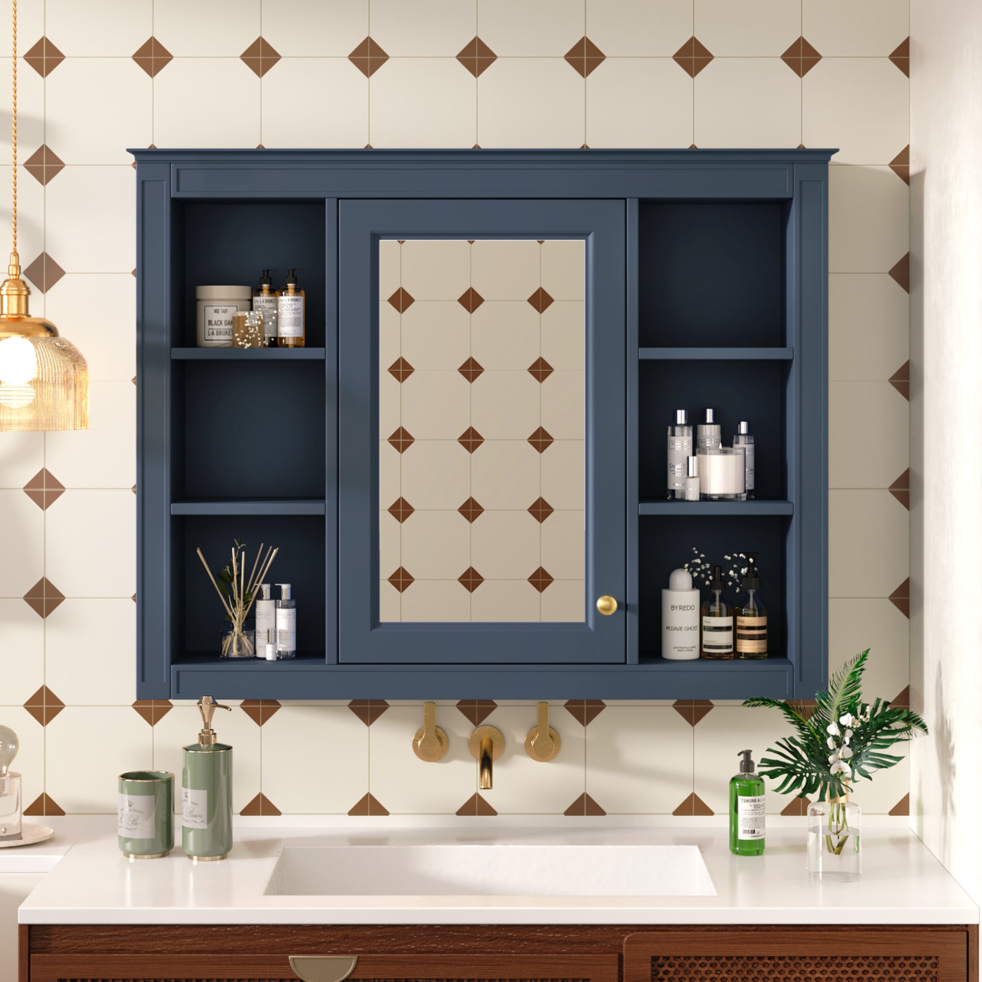 35'' x 27.5'' Medicine Cabinet, Wall Mounted Bathroom Storage Cabinet, Modern Bathroom Wall Cabinet with Mirror, Mirror Cabinet with 6 Open Shelves (Not Include Bathroom Vanity )