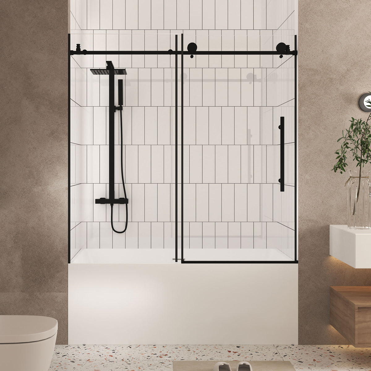Frameless shower door 56-60 'W x 60' H, 1/4 '(6 mm) Clear Tempered Glass, Explosion Proof Film, Stainless Steel Handle, Matte Black