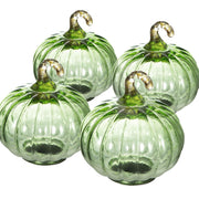 Set of 4, 4x4x5' Green Glass Pumpkin, Pumpkin Ornament Decor for Holiday Harvest Festival Fall Festival & Thanksgiving