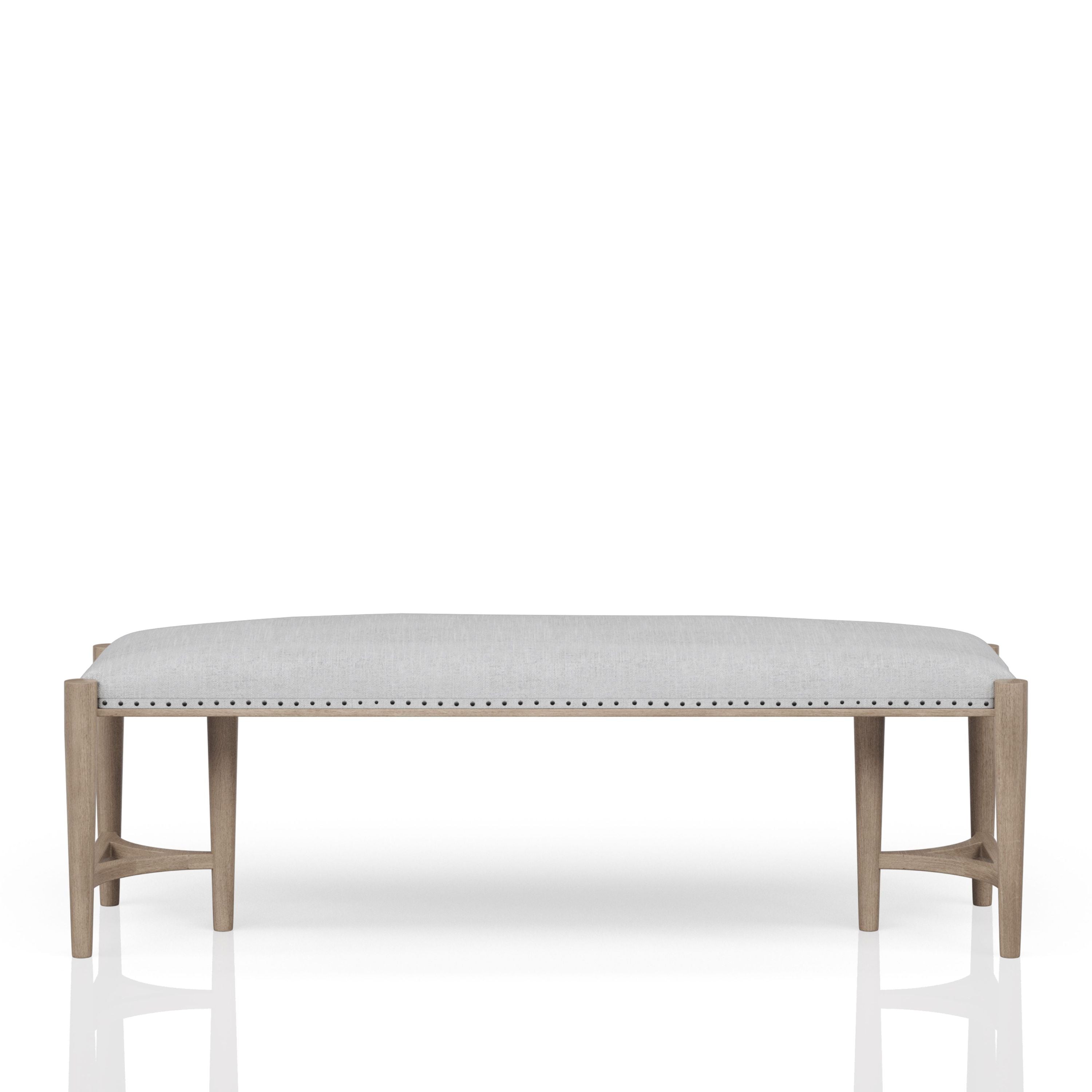 Elegant Sand Colored Bench with Upholstered Seat and Nail Head Trim in Solid Wood and MDF