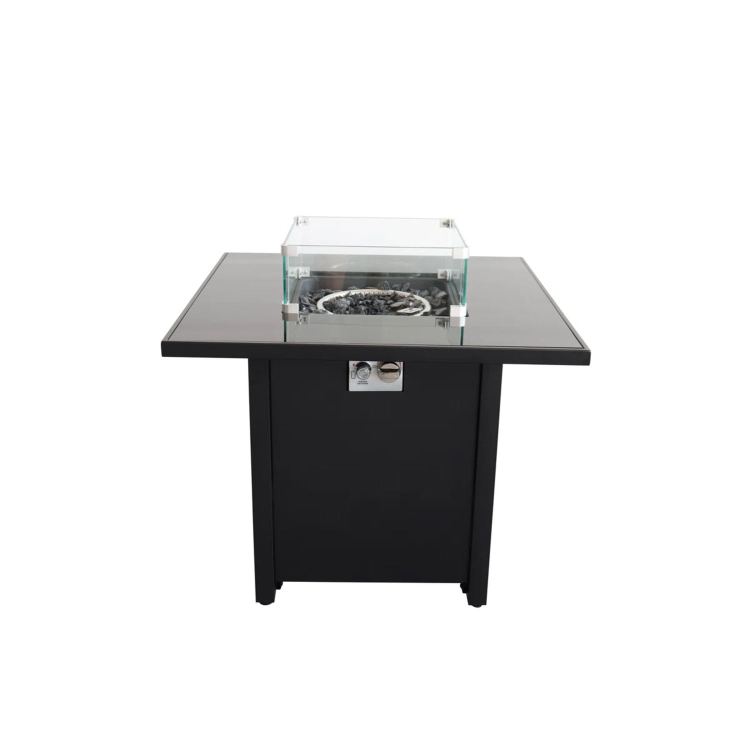 Black Powdercoated Metal Fire Pit with Smoked Glass Top and Steel Construction