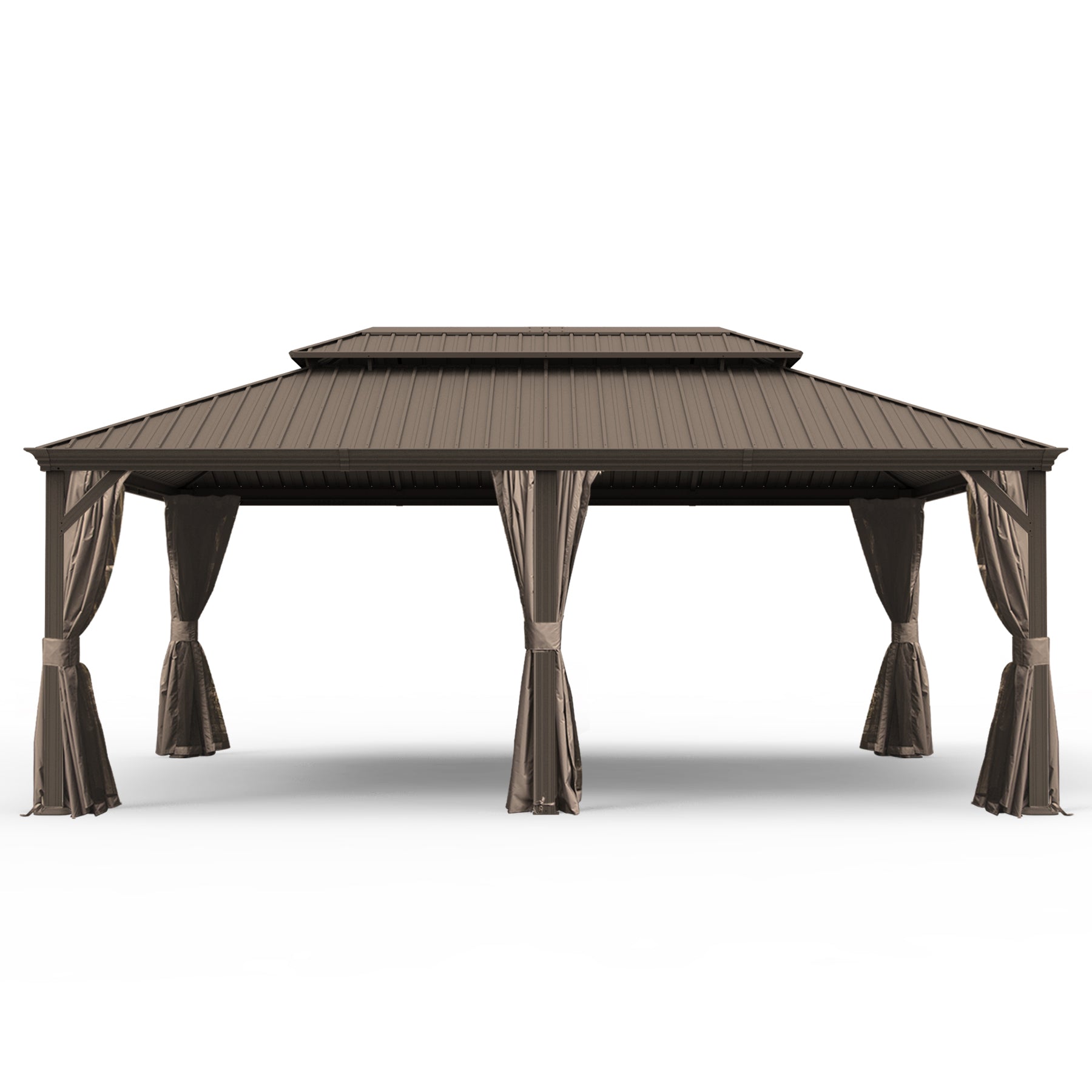 14' X 20' Hardtop Gazebo, Upgraded Metal Gazebo with Drainage System, Dual-Layer Galvanized Steel Roof, Curtain and Netting, Outdoor Shelter Canopy for Patio, Garden, and Backyard, Brown