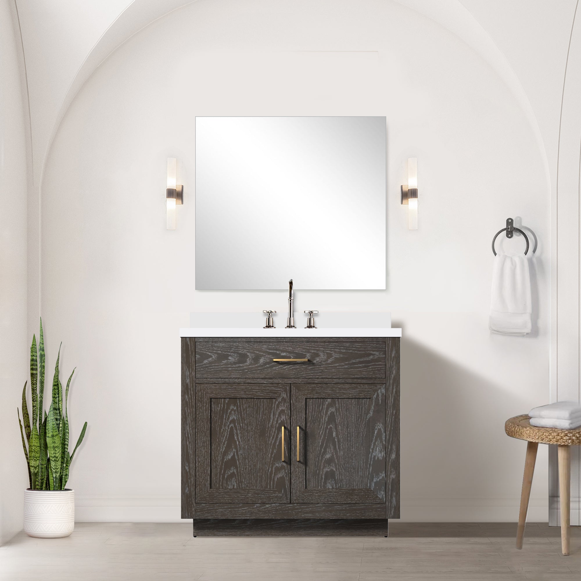 Brown Oak Single Bath Vanity 36 in. W x 22 in. D, Cultured Marble Top, and Faucet Set