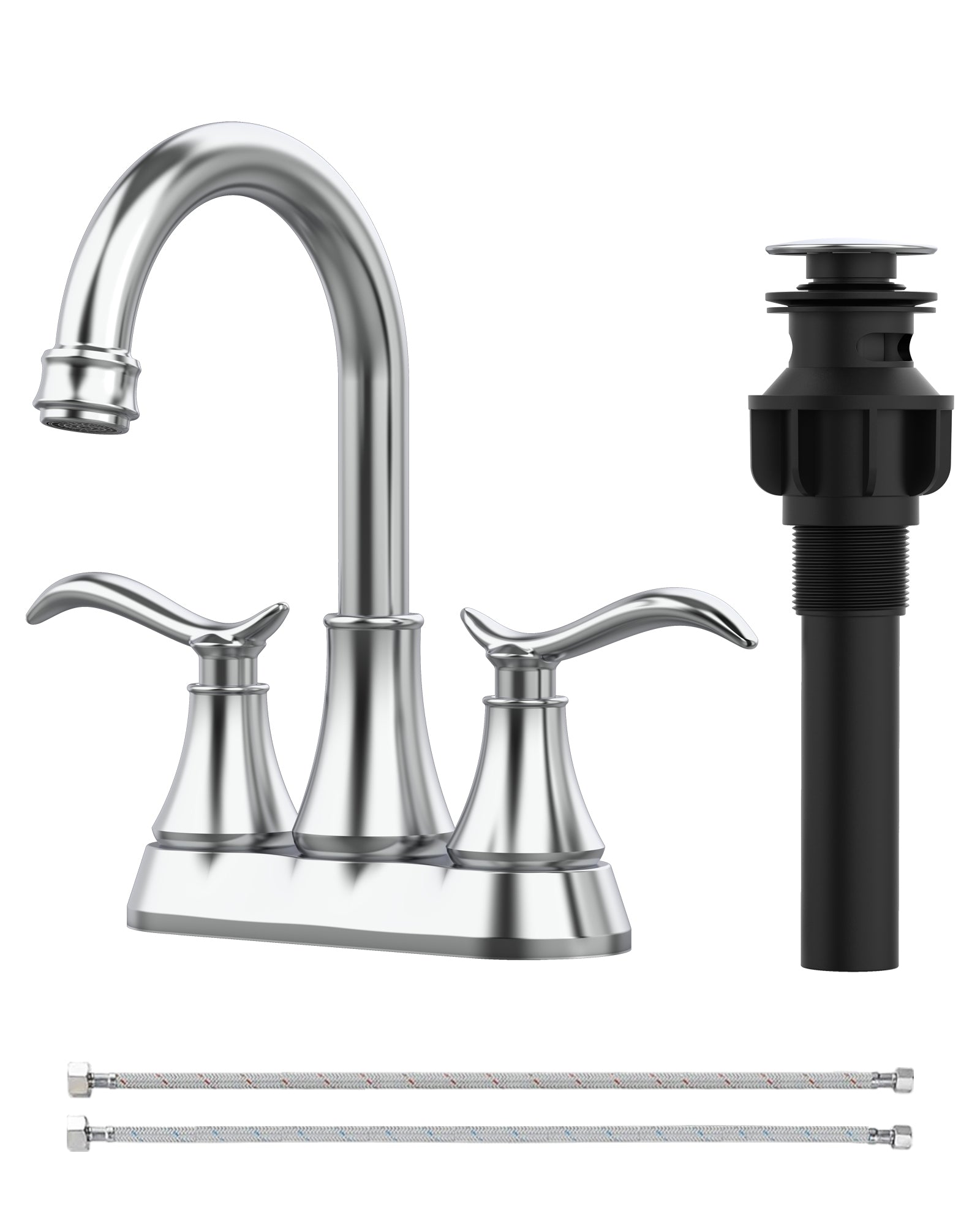 Bathroom Faucet Chrome with Pop-up Drain & Supply Hoses 2-Handle 360 Degree High Arc Swivel Spout Centerset 4 Inch Vanity Sink Faucet