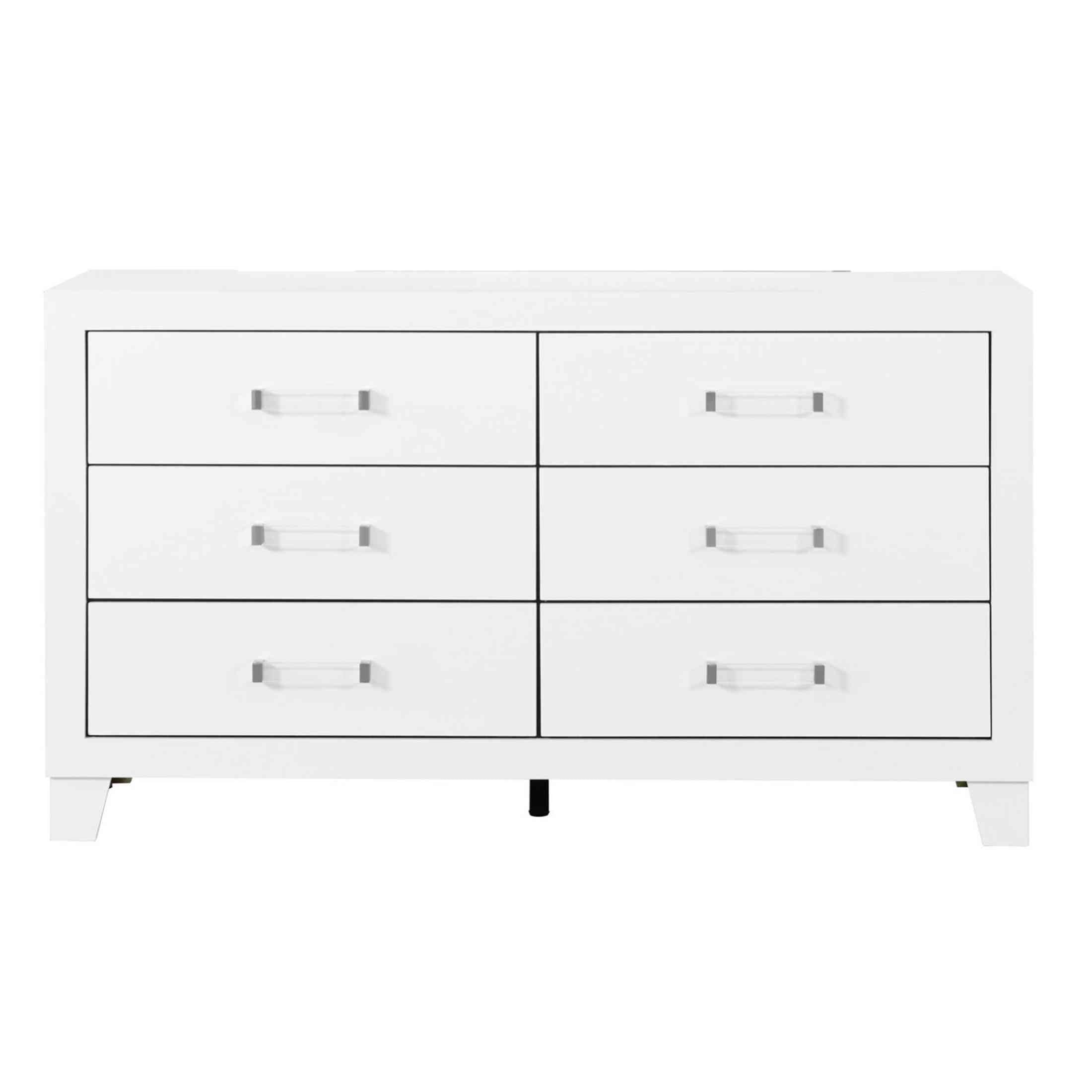 OMODA White Dresser with 6 Drawers and Modern Acrylic Hardware in Rubber Wood