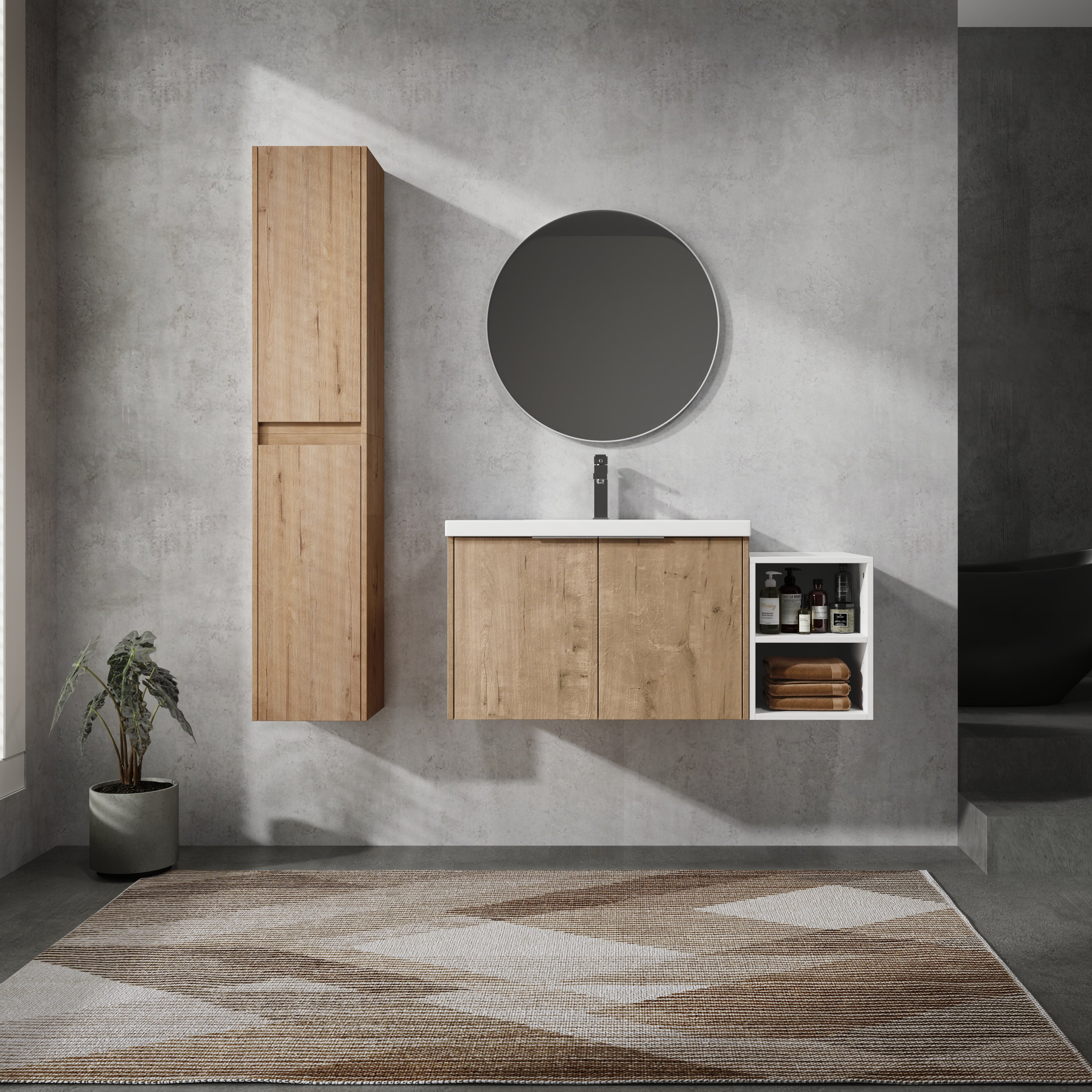 42' Wall-Mounted Bathroom Vanity With Sink and Side Cabinet, Soft Close Doors,00112IMOx2-0630IMO-0612GWH Combination Cabinet(KD-Packing)