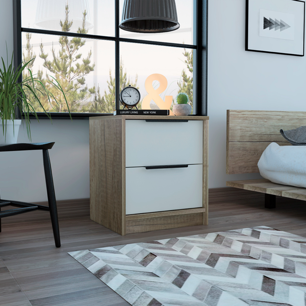 Modern Nightstand 19' H, Two Drawers, White / Light Oak