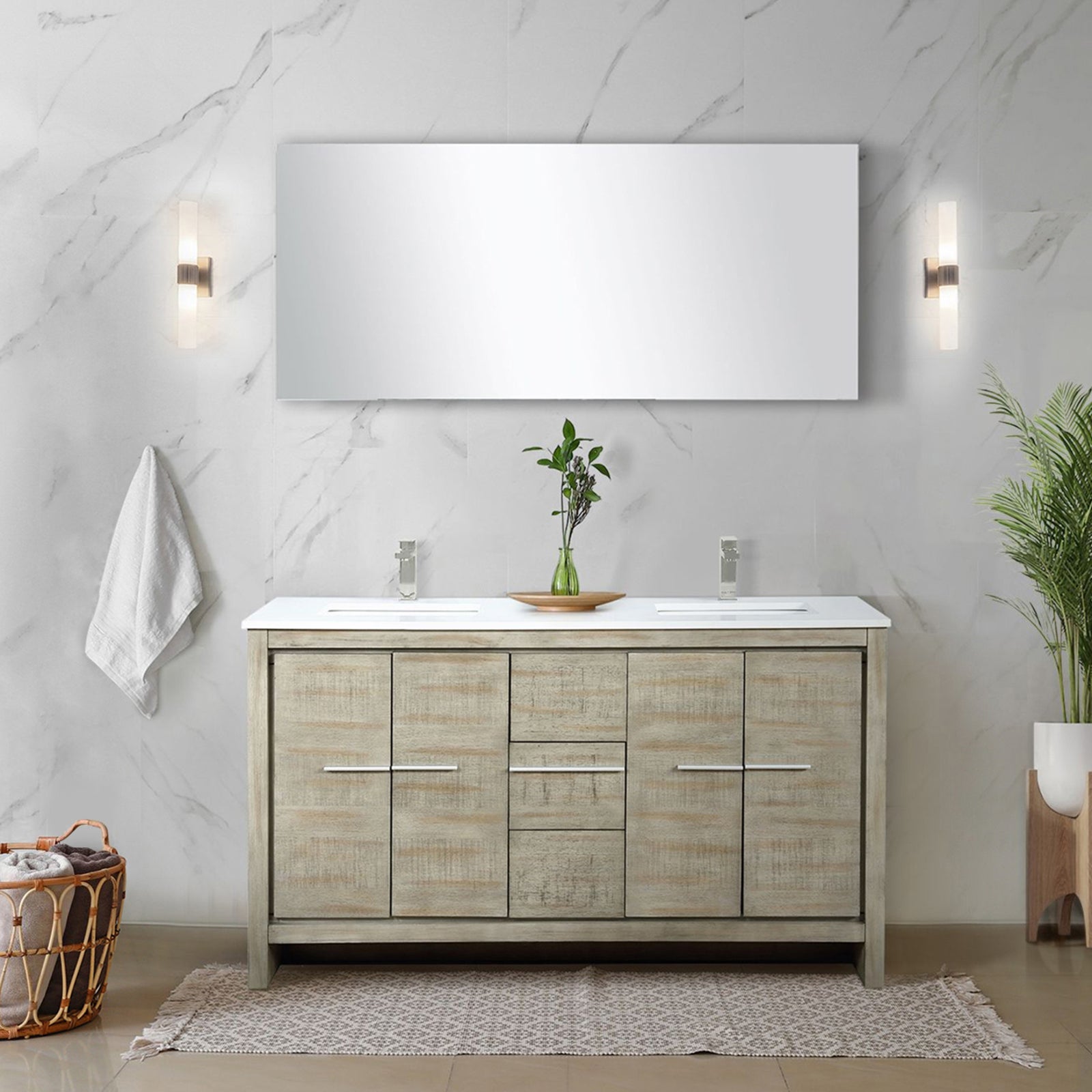 Rustic Acacia Double Bath Vanity 60 in. W x 20 in. D, Cultured Marble Top and Brushed Nickel Faucet Set