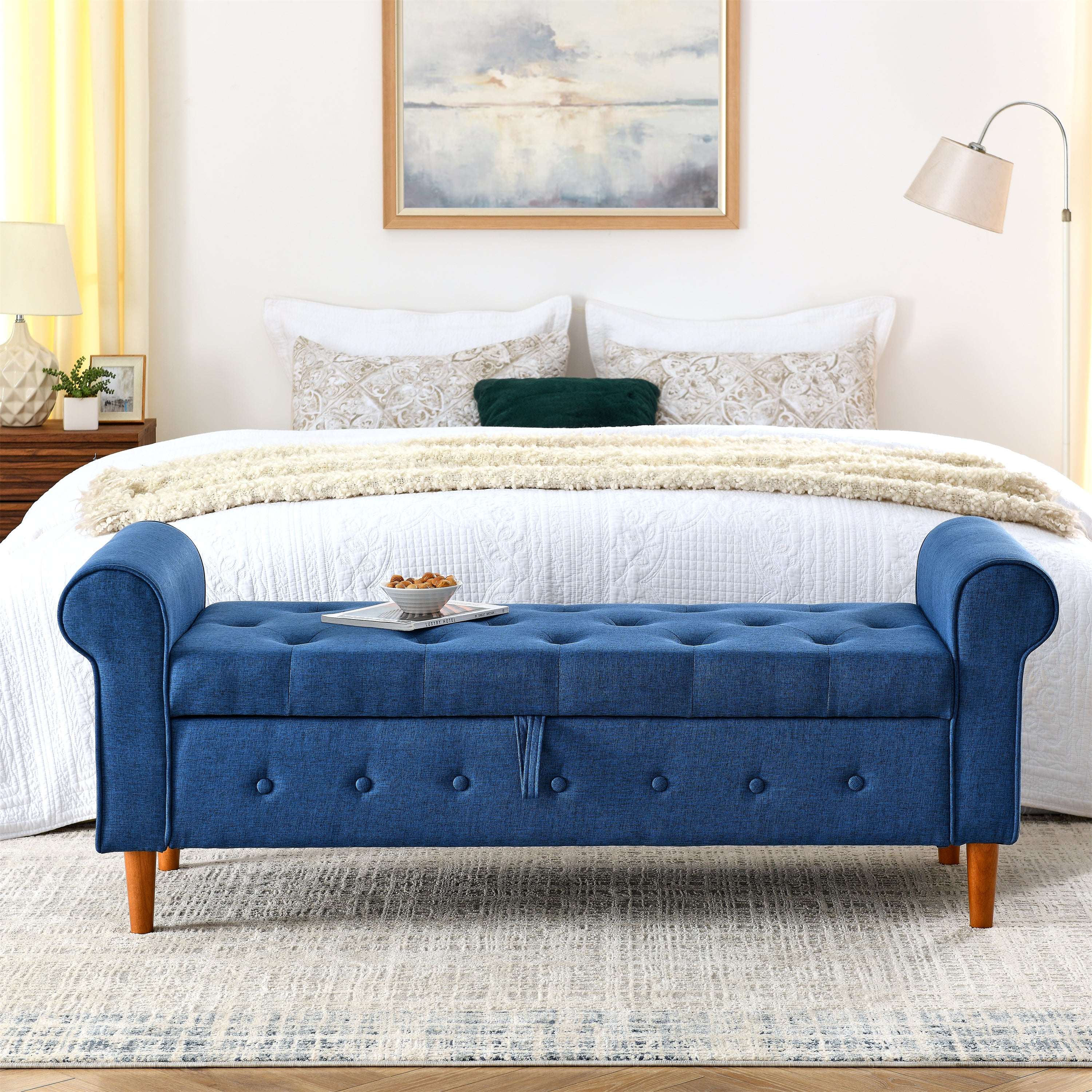 62' Bedroom Tufted Button Storage Bench, Modern Fabric Upholstered Ottoman, Window Bench, Rolled Arm Design for Bedroom, Living Room, Foyer (Blue)
