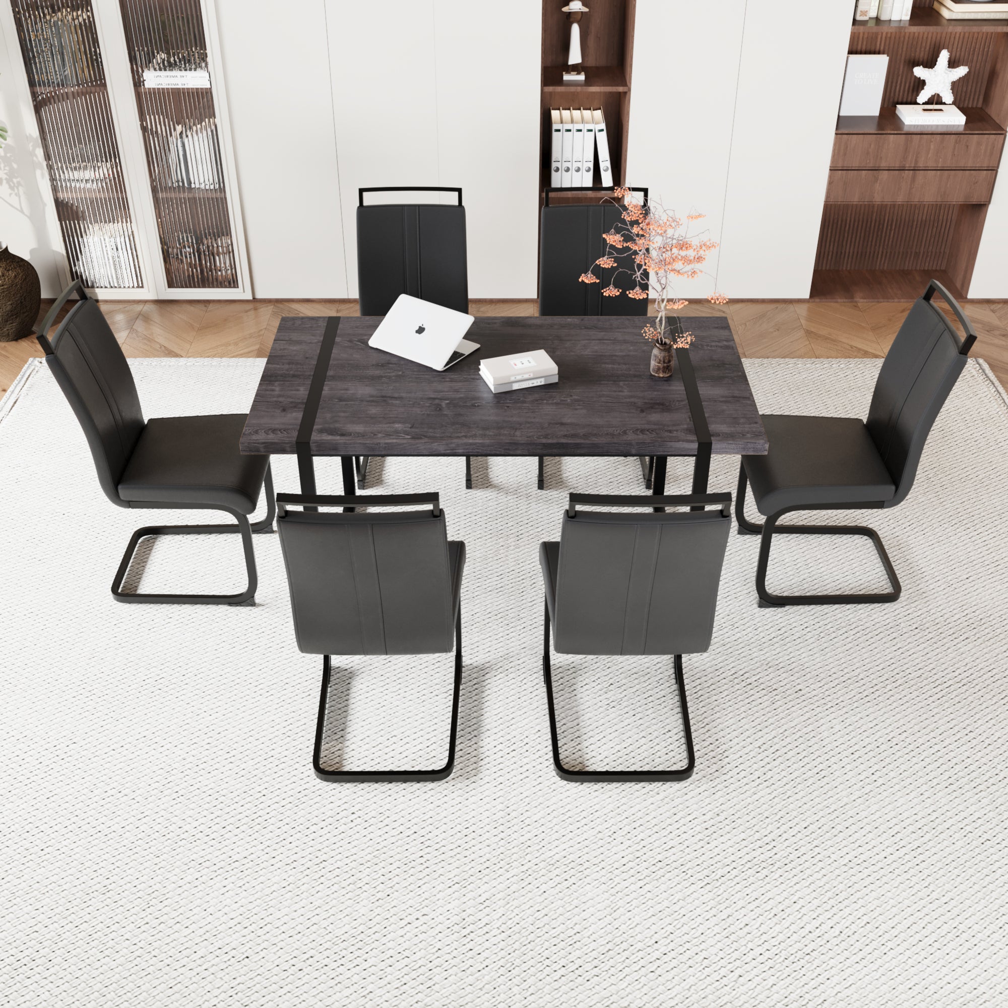 59 ' Dining Table Rural Industrial Rectangular MDF Black Set and PU Armless Dining Chair Set, 6 pieces. Kitchen Black Metal Table Leg Dining Chair Set