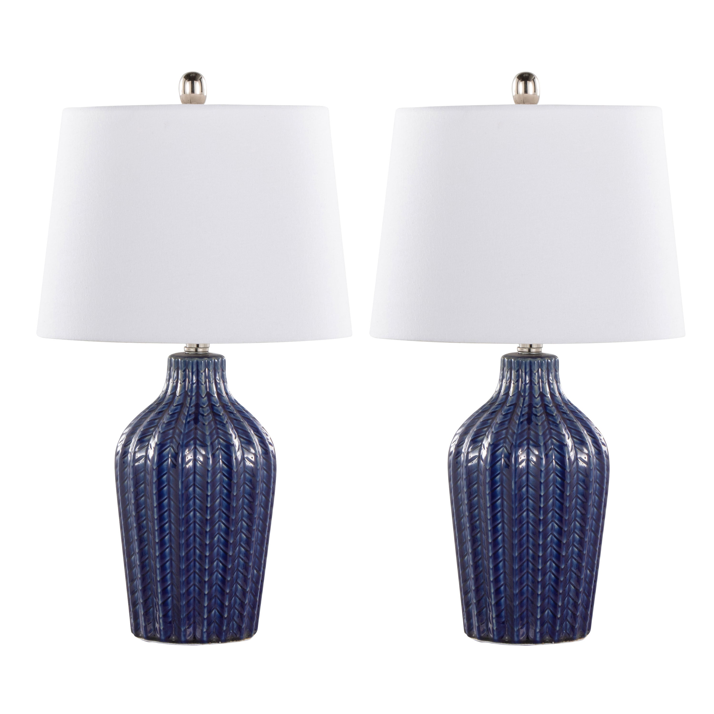 Rockwell 23' Contemporary Ceramic Table Lamp in Dark Blue Ceramic, Polished Nickel and White Linen Shade from Grandview Gallery by LumiSource - Set of 2