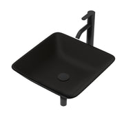 Artistic Tempered Glass Vessel Sink with Matte Black Faucet and Pop-up Drain in Matte Black, Stainless Steel & Brass, 16.42 x 16.42 x 4.41 Inch
