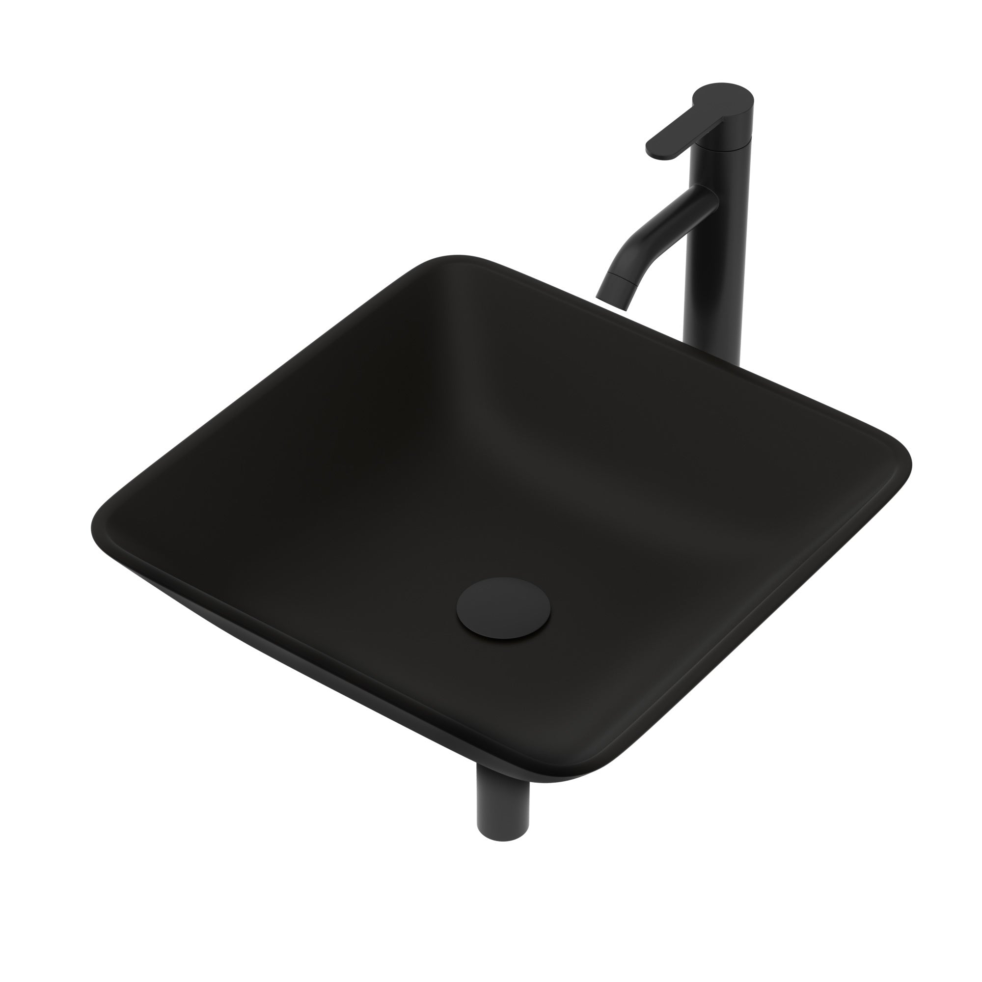 Artistic Tempered Glass Vessel Sink with Matte Black Faucet and Pop-up Drain in Matte Black, Stainless Steel & Brass, 16.42 x 16.42 x 4.41 Inch