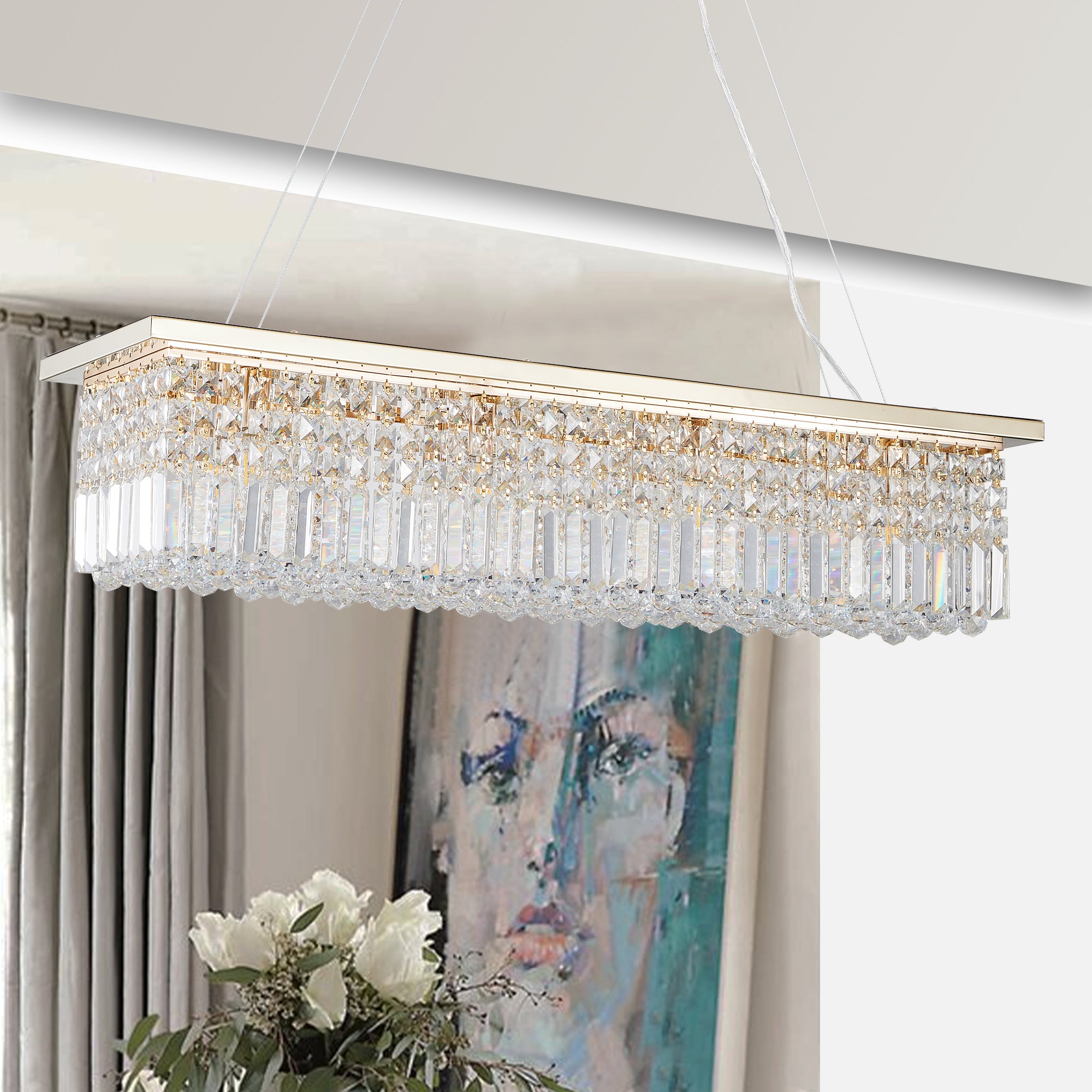 Modern Crystal Chandelier for Dining Room 8-Light Gold Rectangle Raindrop Chandelier Contemporary Rectangular Pendant Light Fixture for Kitchen Island Bar L39.4'' x W9.8'' x H8.7'(Bulb Not Included)