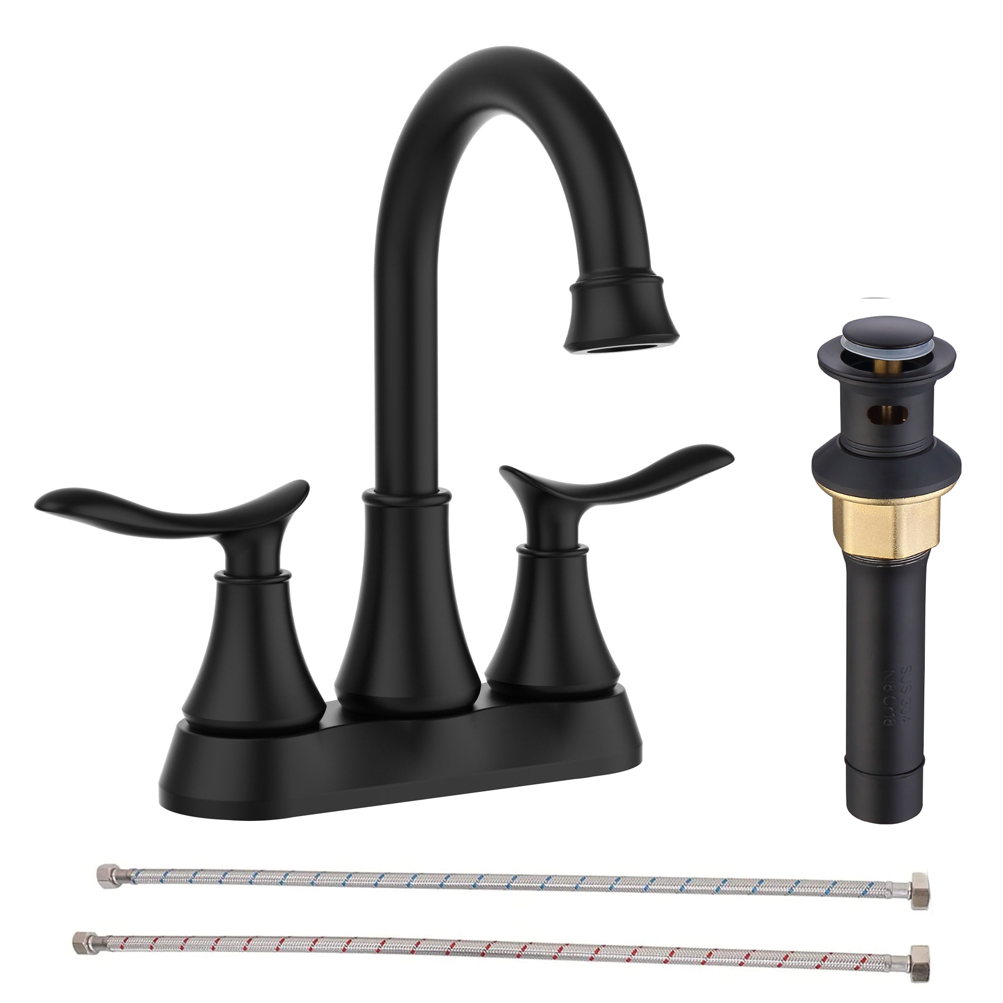 2-Handle 4-Inch Matte Black Bathroom Faucet, Bathroom Vanity Sink Faucets with Pop-up Drain and Supply Hoses