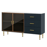 TREXM Modern Sideboard MDF Buffet Cabinet with Marble Sticker Tabletop, Amber-yellow Tempered Glass Doors, Gold Metal Legs, Handles, Navy Blue