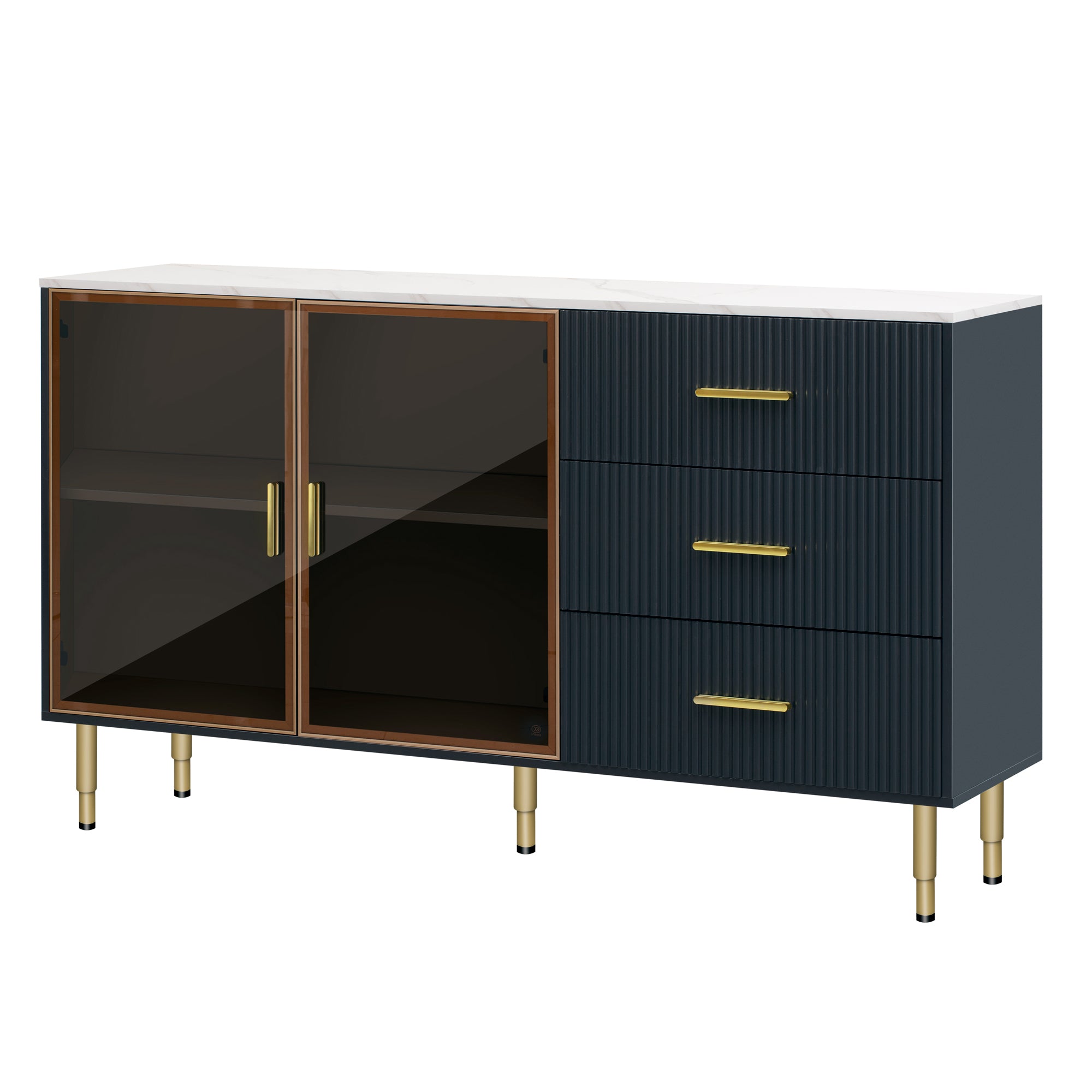 TREXM Modern Sideboard MDF Buffet Cabinet with Marble Sticker Tabletop, Amber-yellow Tempered Glass Doors, Gold Metal Legs, Handles, Navy Blue