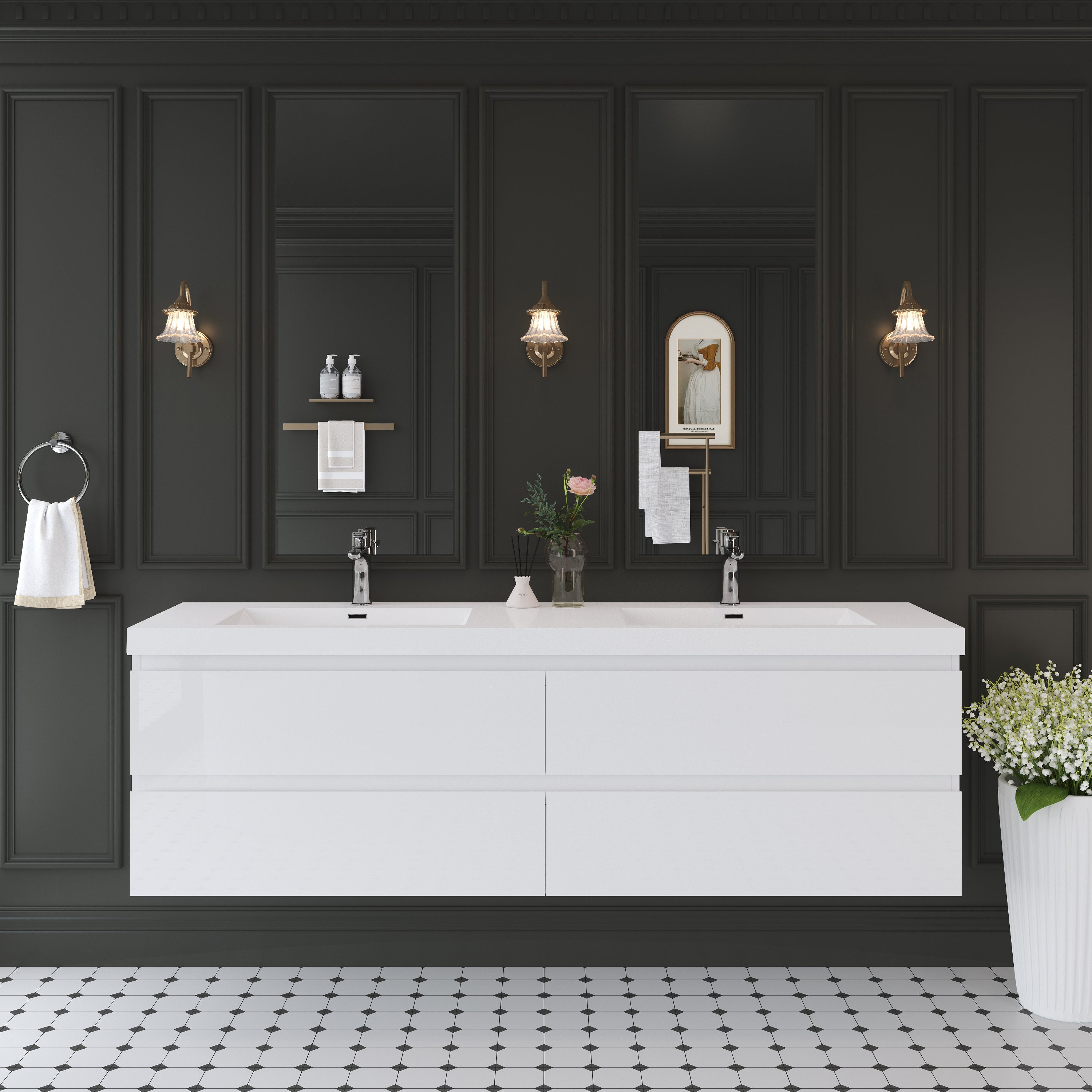 72' Floating Bathroom Vanity with Sink, Modern Wall-Mounted Bathroom Storage Vanity Cabinet with Solid Surface Top Basin and 4 Soft Close Drawers, Glossy White 24V11-72GW