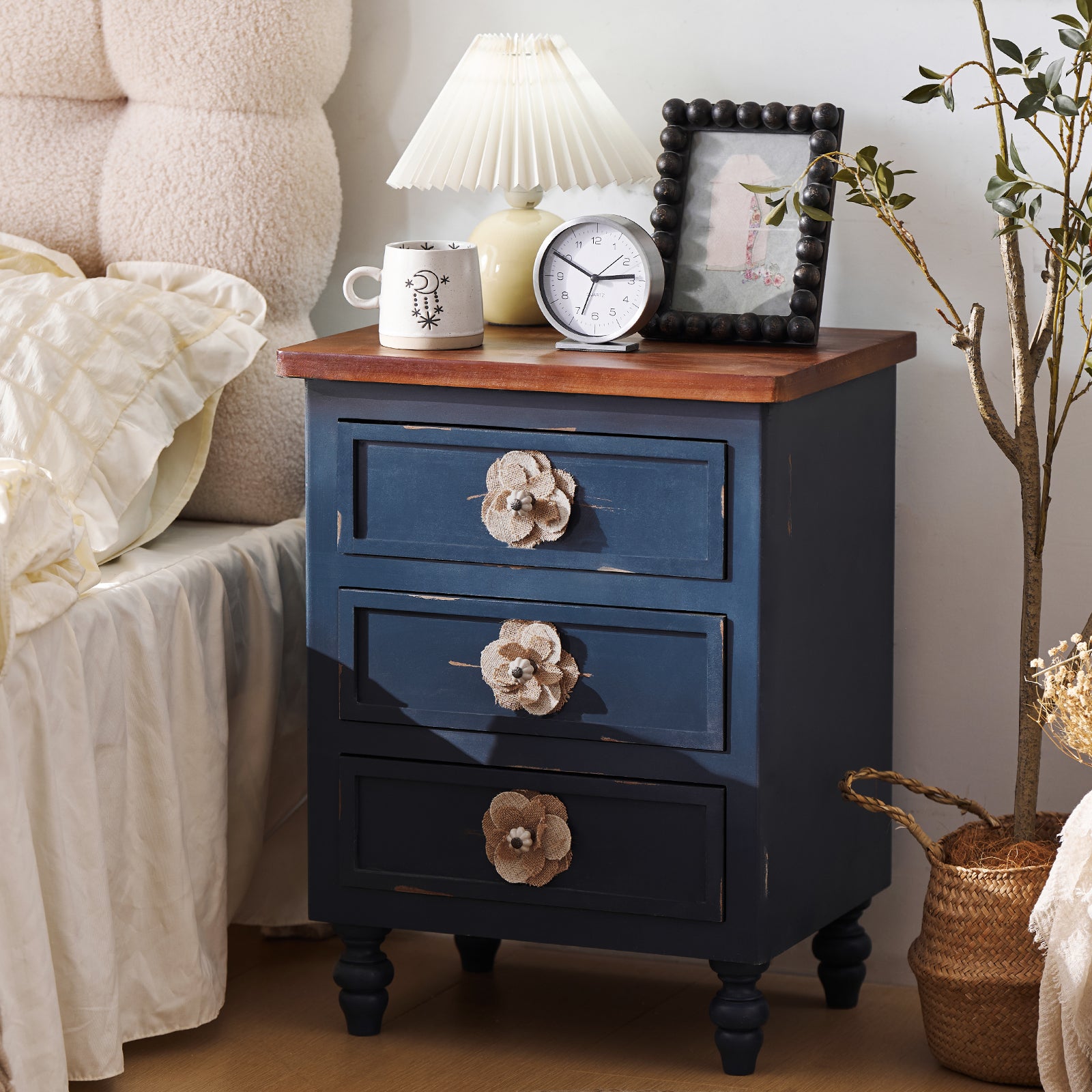 Vintage Farmhouse End Table with Floral Knobs – 19' Rustic Nightstand with 3 Drawers & Gourd Legs,Bedside or Sofa Accent Table, Almost Fully Assembled, Blue