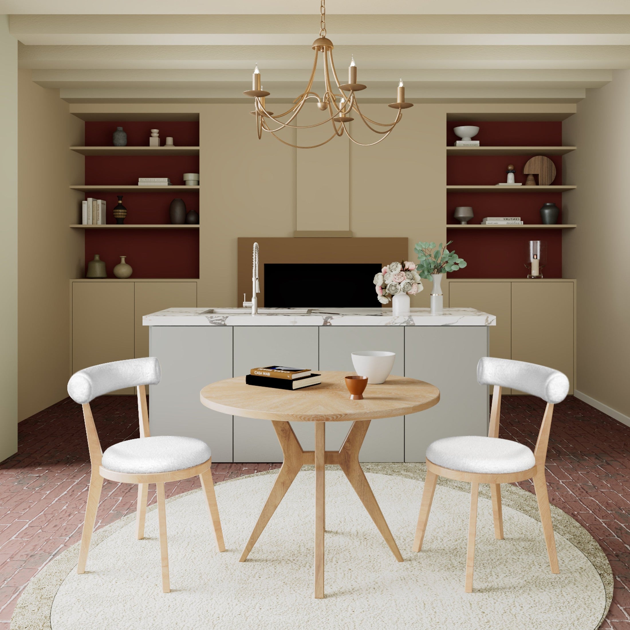 Mid-Century Modern 39.4' Round Dining Table Set with 2 Chairs, Intersecting Wooden Legs, Rubberwood & Plywood Construction, Oak Veneer Finish