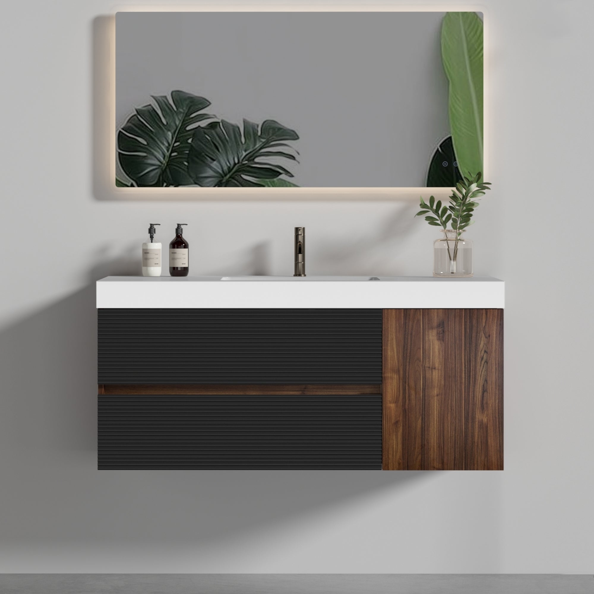 Grace 48' Walnut Bathroom Vanity with Glossy White Solid Surface Sink and Soft Black Drawers, Wall Mounted Floating Bathroom Vanity for Modern Bathroom, One-Piece Glossy White Basin, Pre-assembled