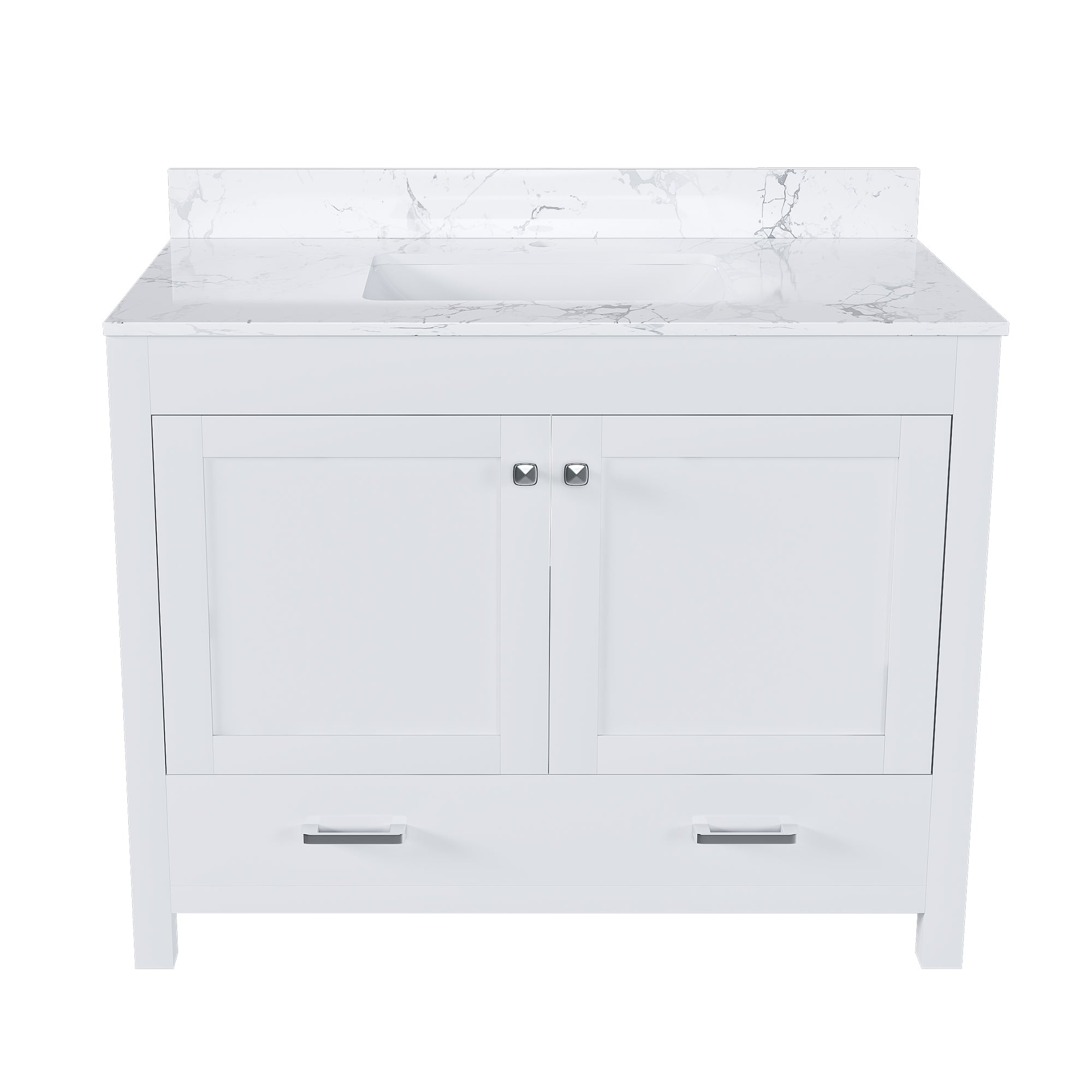 Modern 43' Bathroom Vanity with Artificial Marble Carrara White Top Set, Multi-functional Cabinet with Doors and Drawer, Solid Frame and MDF Board