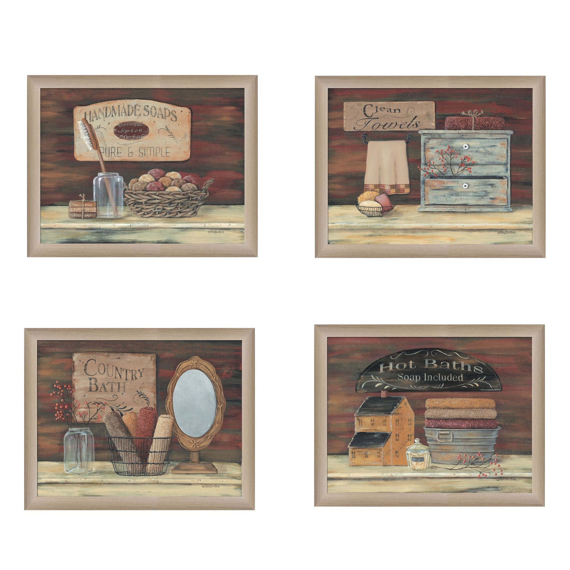 'BATHROOM COLLECTION I' 4-Piece Vignette by Pam Britton, Taupe Frame