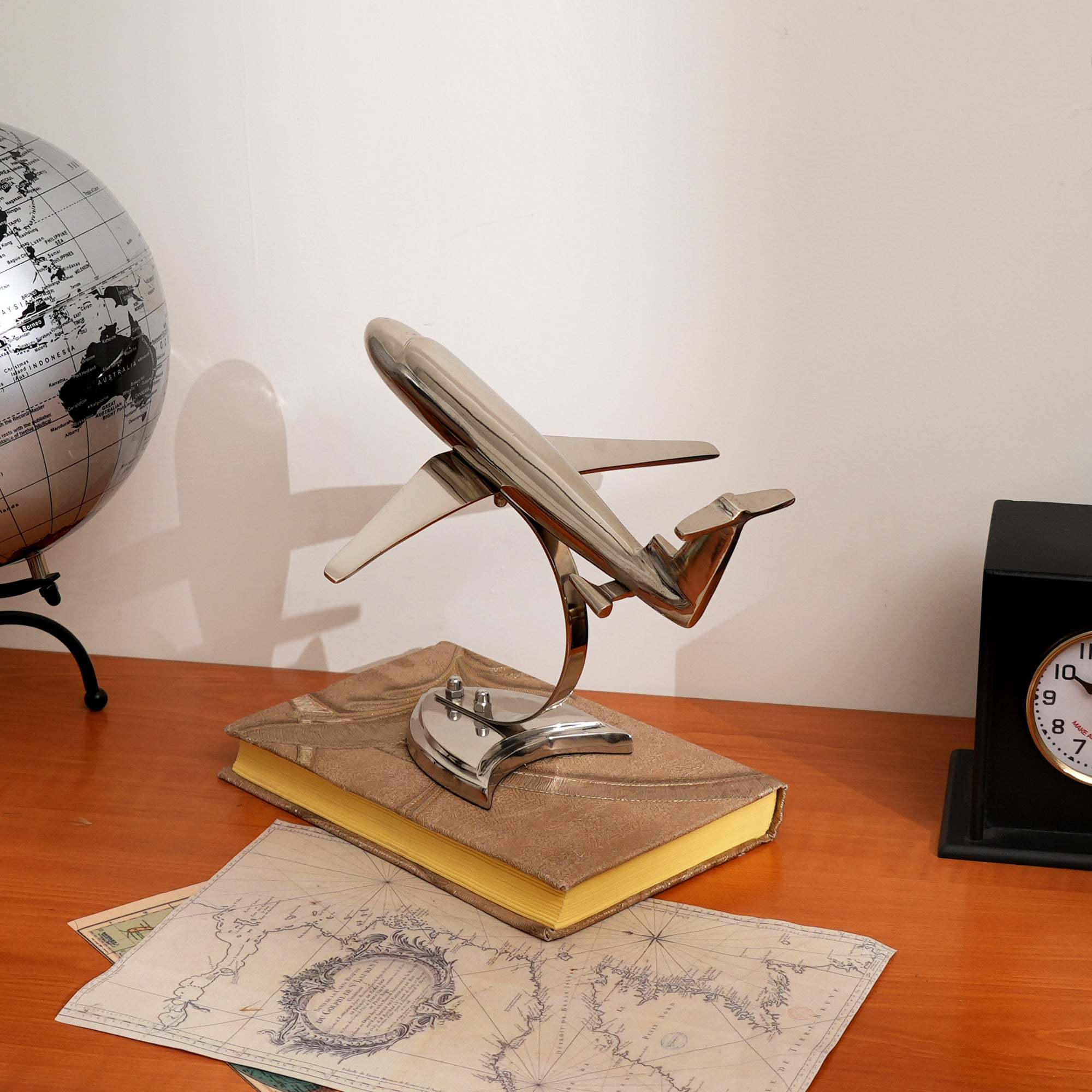 Decorative Retro Aluminum Airplane Sculpture – 8x8x6'  Nickel-Finished Table Accent