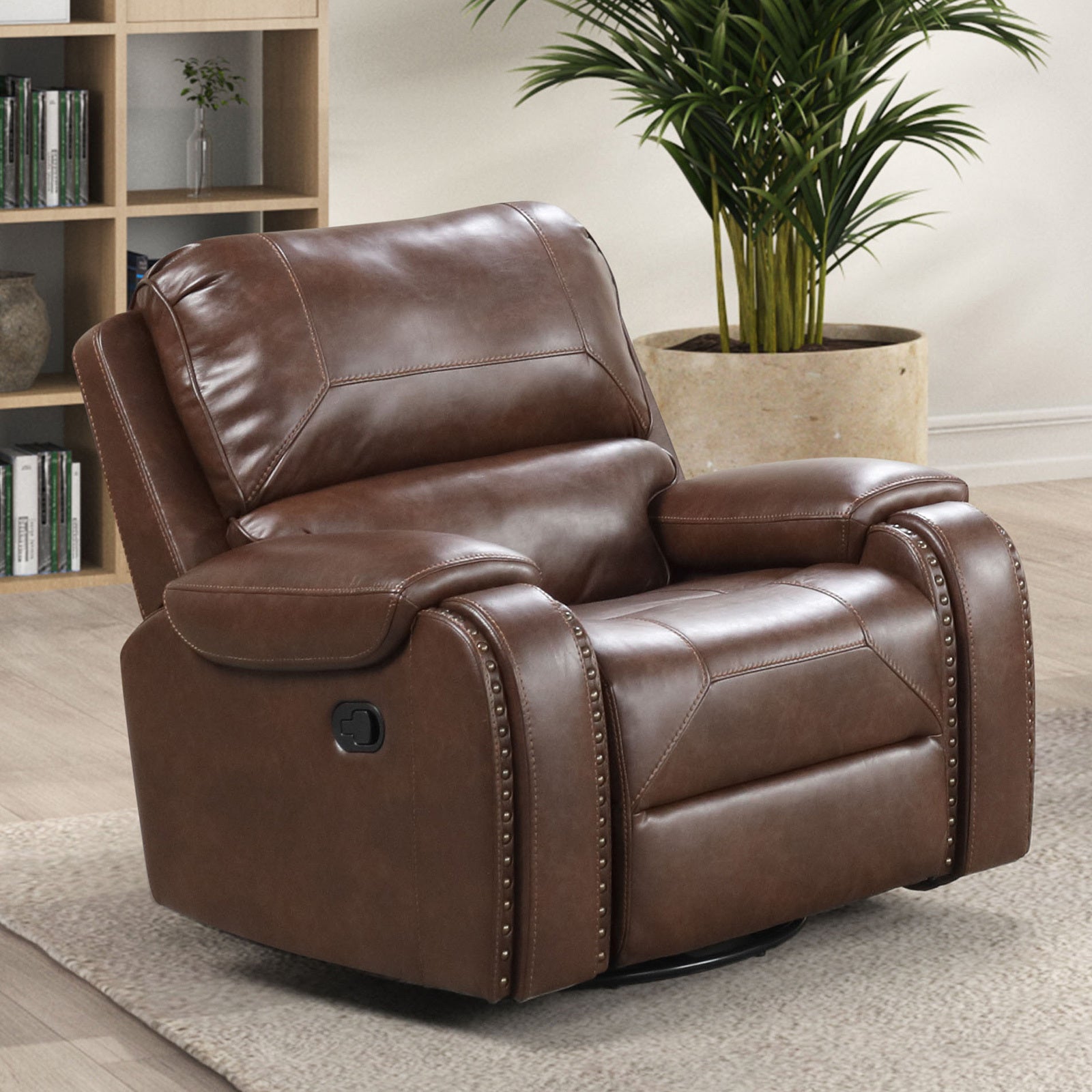 Transitional Style Recliner With Oversized Handle Nailhead Arms Top Pillow Brown Finish Primary Living Room