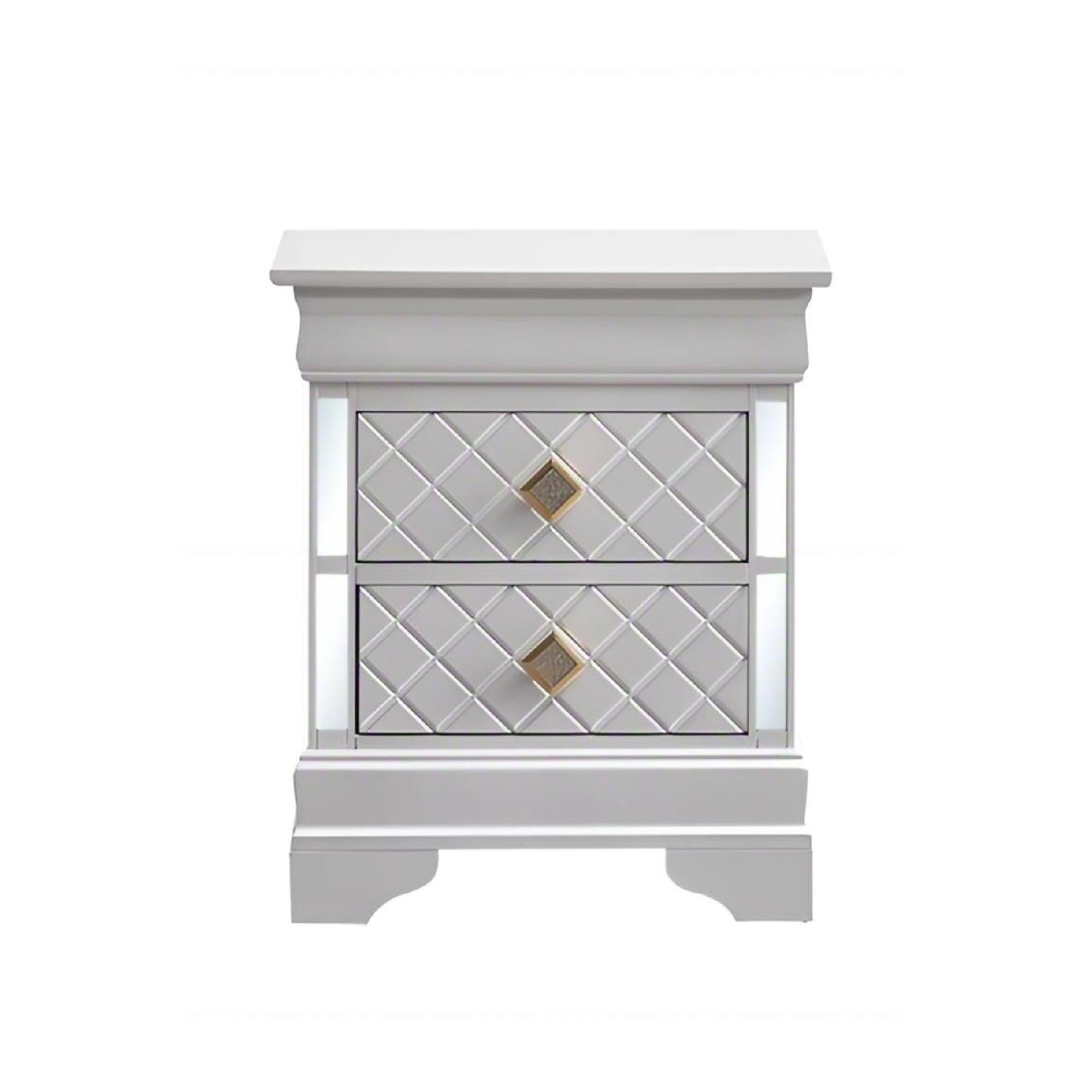 Verona G6735-N Nightstand in Pearl White with Gold Handles and Faux Crystal Accents, Real Wood Veneer Finish, 2-Drawer Storage