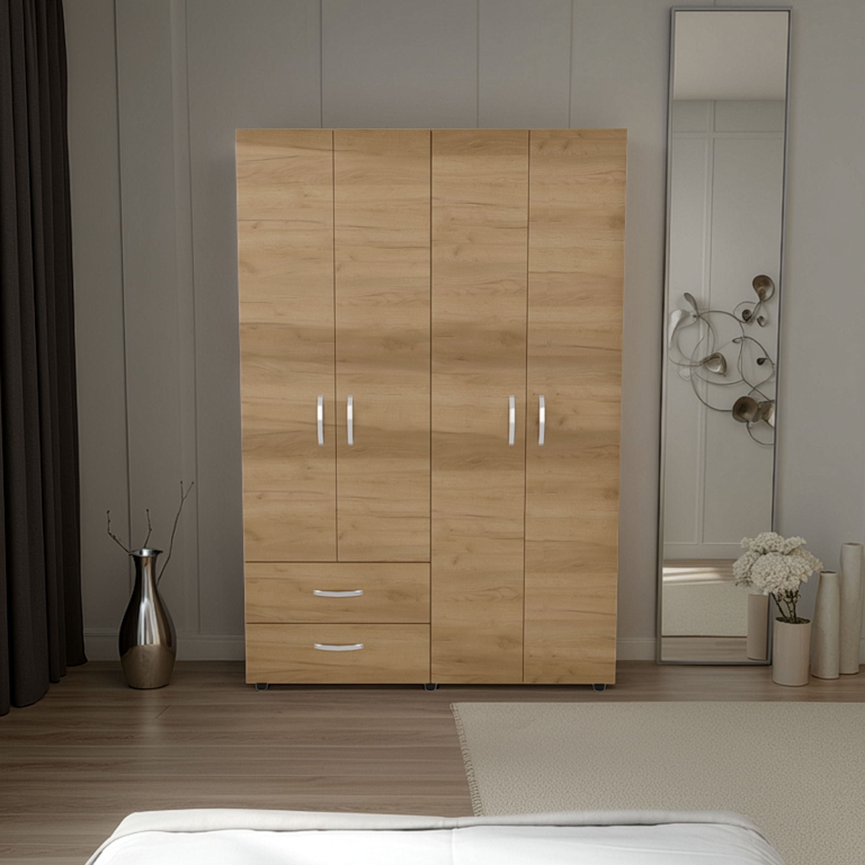 Ankora Armoire with 4 Doors, 2 Drawers, And 2 Hanging Rod, Storage Cabinet for Living Room, Bedroom, or Entryway