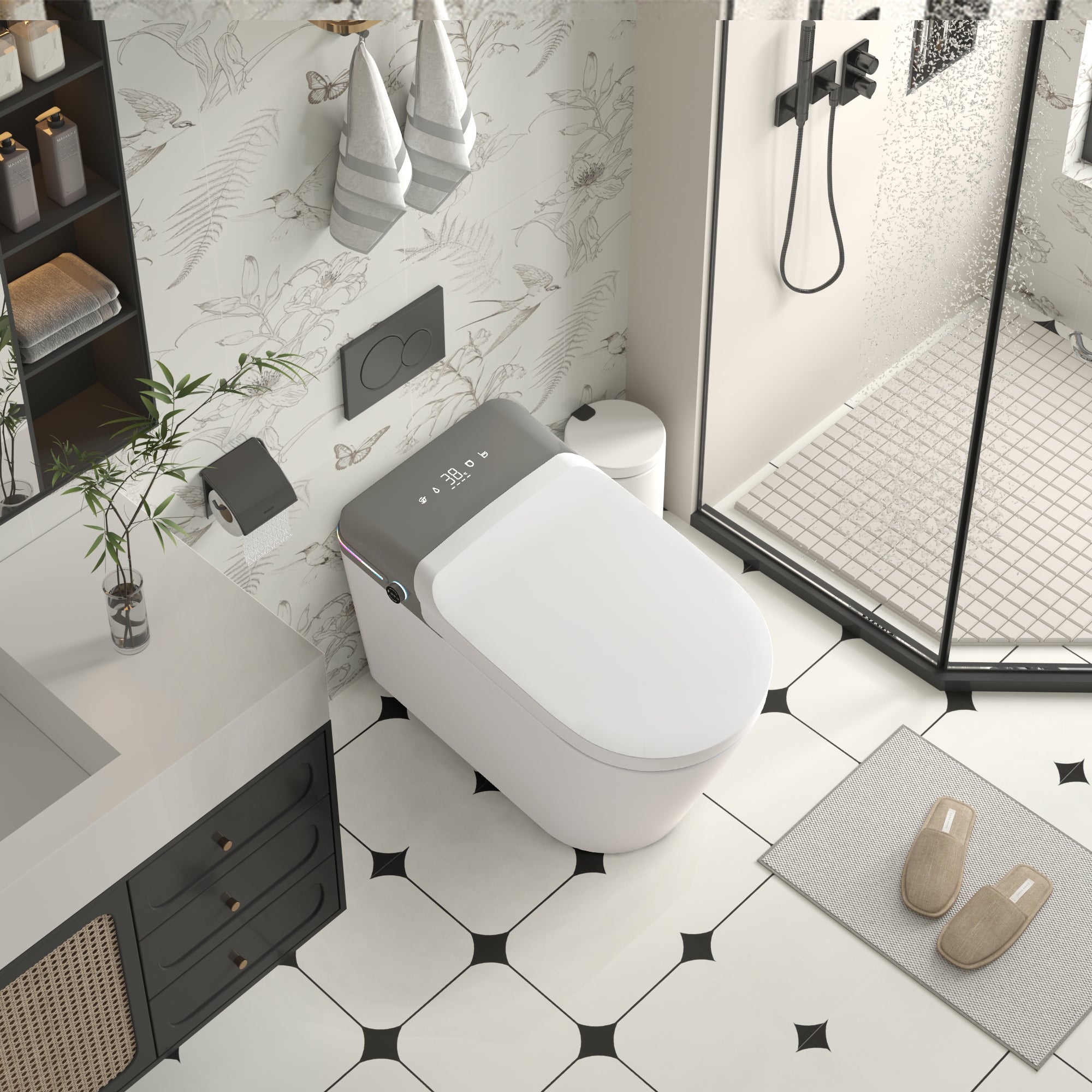 Smart Bidet Toilet with Remote Control.Raised Tankless Toilet with LED Display. Auto Open/AutoHeated. Seat Toilet Bidet with Aromatherapy System.Warm Water And Dry.Off Seat Flush.Foot Sensor.
