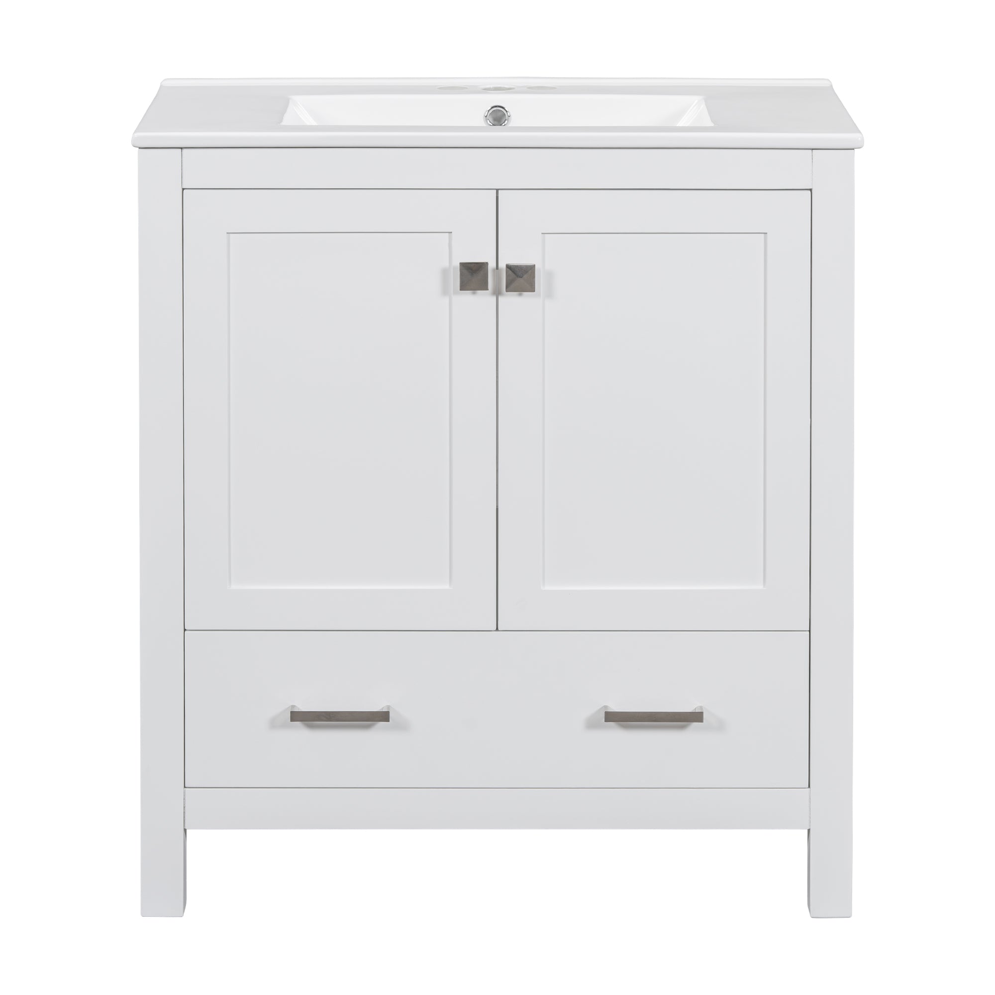 Transitional 30-Inch White Bathroom Vanity with Single Sink, Solid Wood Frame, Soft Closing, Multifunctional Storage