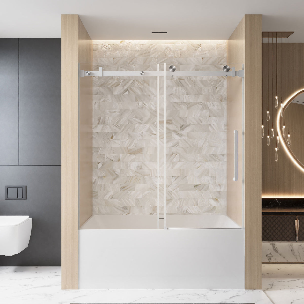 Frameless Single sliding shower door  56-60 'W x 60' H, 1/4 '(6 mm) Clear Tempered Glass, Explosion Proof Film, Stainless Steel Handle  Square Tube Track ,Brushed Nickel