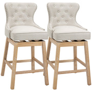 Upholstered Fabric Bar Height Bar Stools, 180° Swivel Nailhead-Trim Pub Chairs, 30' Seat Height with Rubber Wood Legs, Set of 2, Cream