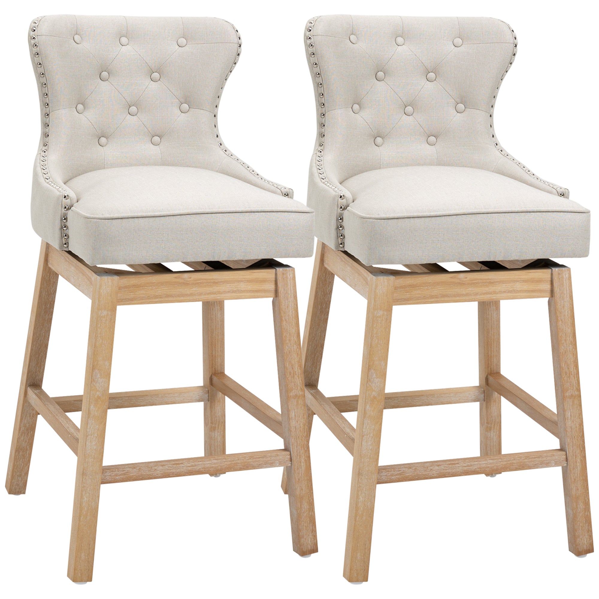 Upholstered Fabric Bar Height Bar Stools, 180° Swivel Nailhead-Trim Pub Chairs, 30' Seat Height with Rubber Wood Legs, Set of 2, Cream