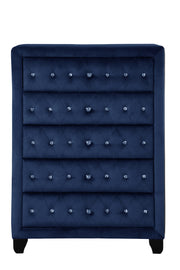Modern Style Crystal Tufted Upholstery 5-Drawer Chest finished with Velvet Fabric made with Wood in Blue