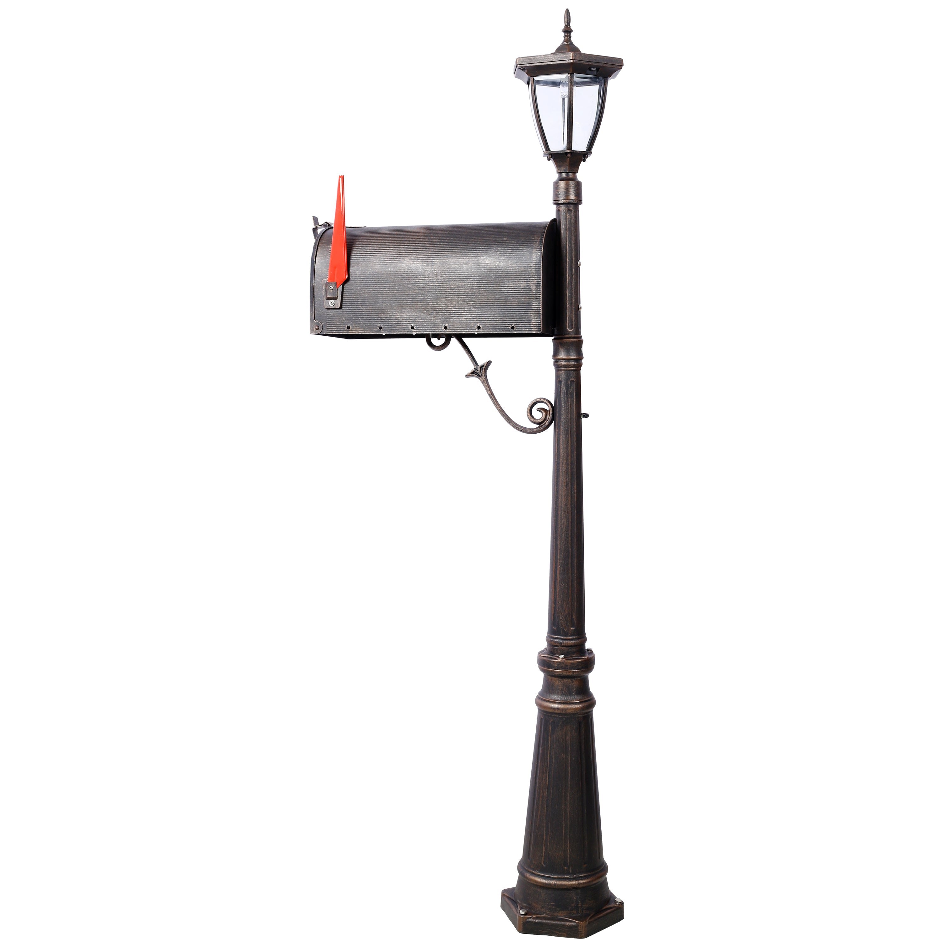Stratford Heavy Duty Cast Aluminum Mailbox with Post and Solar Light, Fluted Base, Decorative Modern Mailbox, Brown or Black