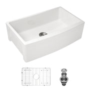 White Ceramic Farmhouse Sink 30 inch Apron Front Single Bowl with Arch Edge Design in White Ceramic Material