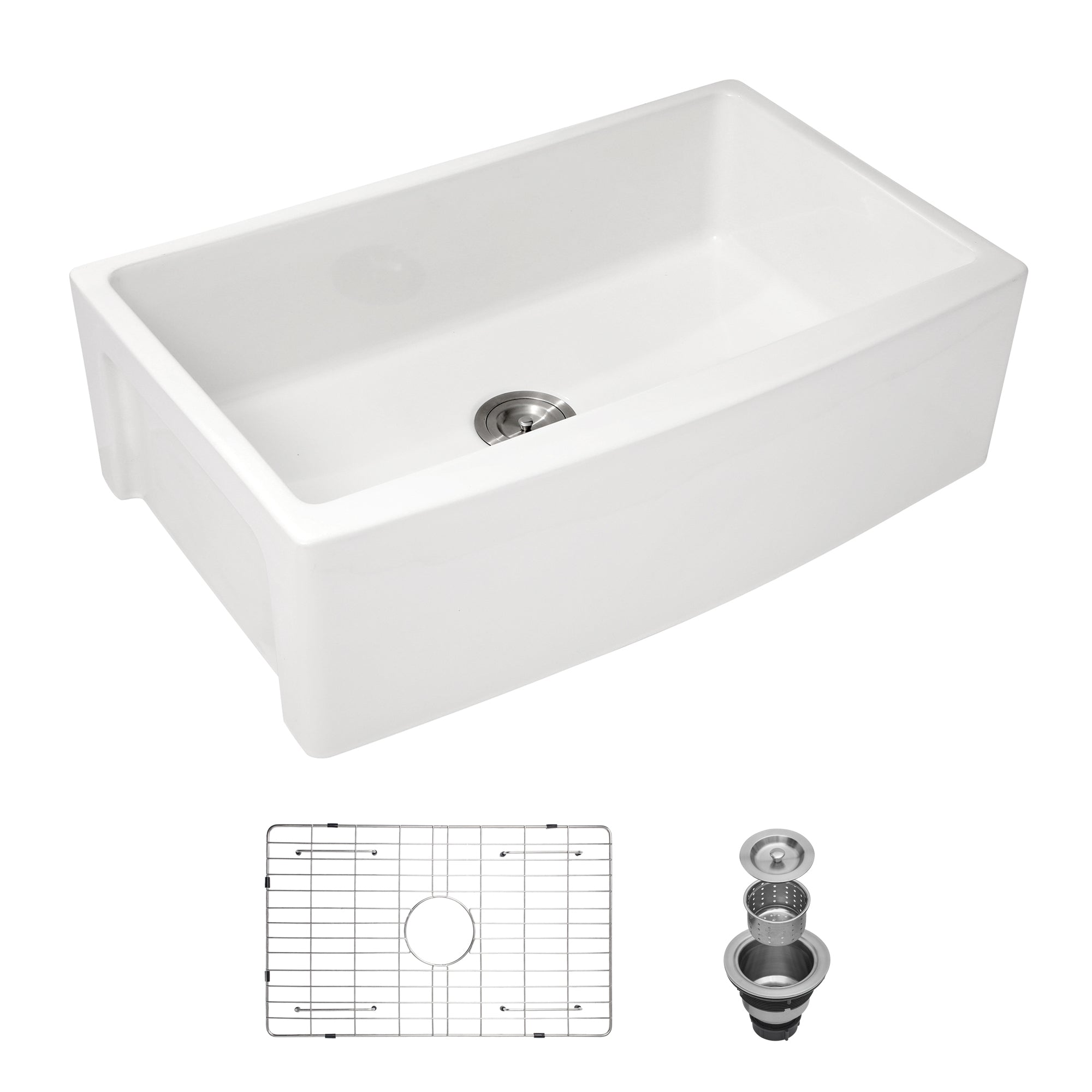 White Ceramic Farmhouse Sink 30 inch Apron Front Single Bowl with Arch Edge Design in White Ceramic Material