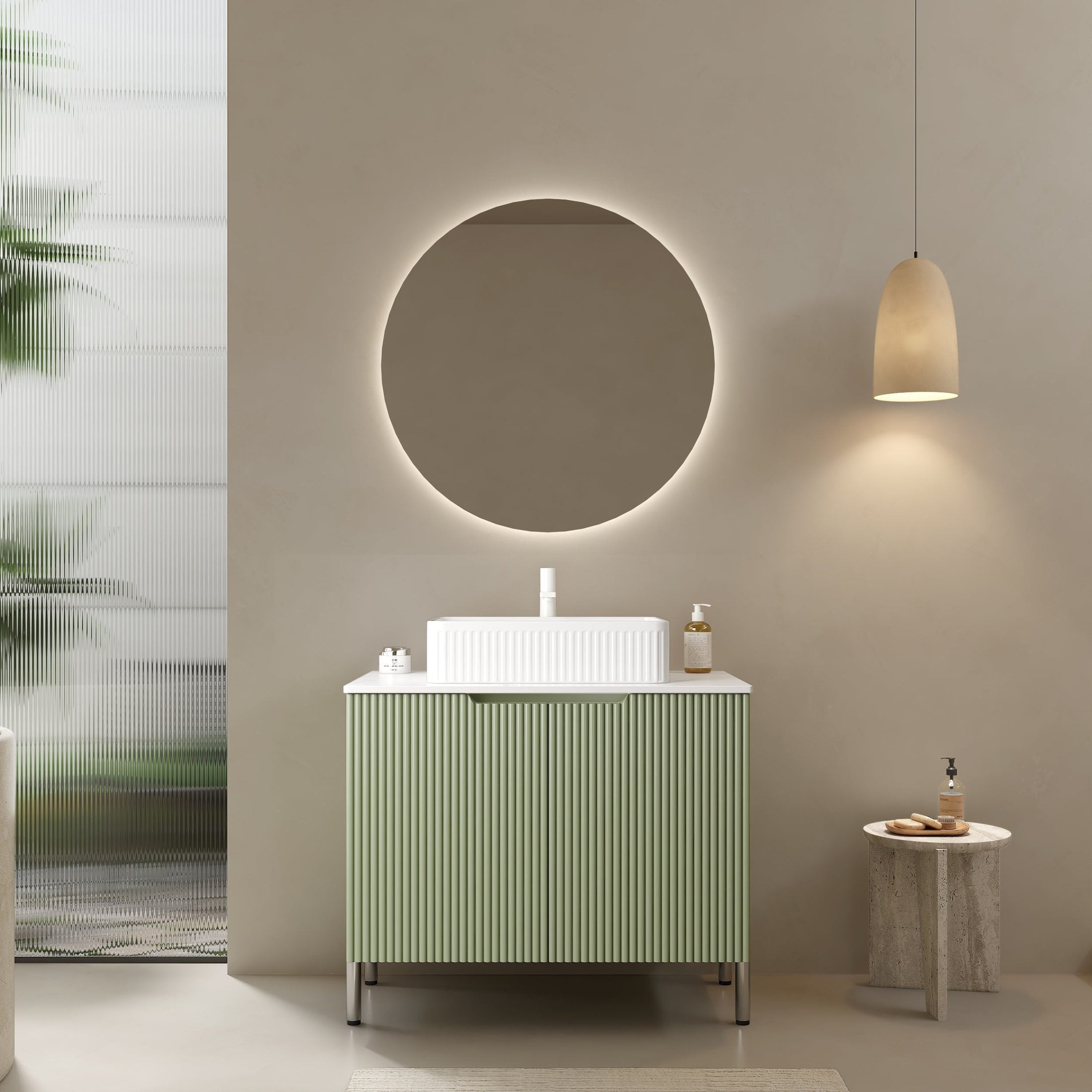 TURIO 30' Bathroom Vanity with Sink, Freestanding Bathroom Storage Cabinet with 2 Doors, White Ceramic Basin and Carrara White Counter Top, No Faucet, Light Green Color