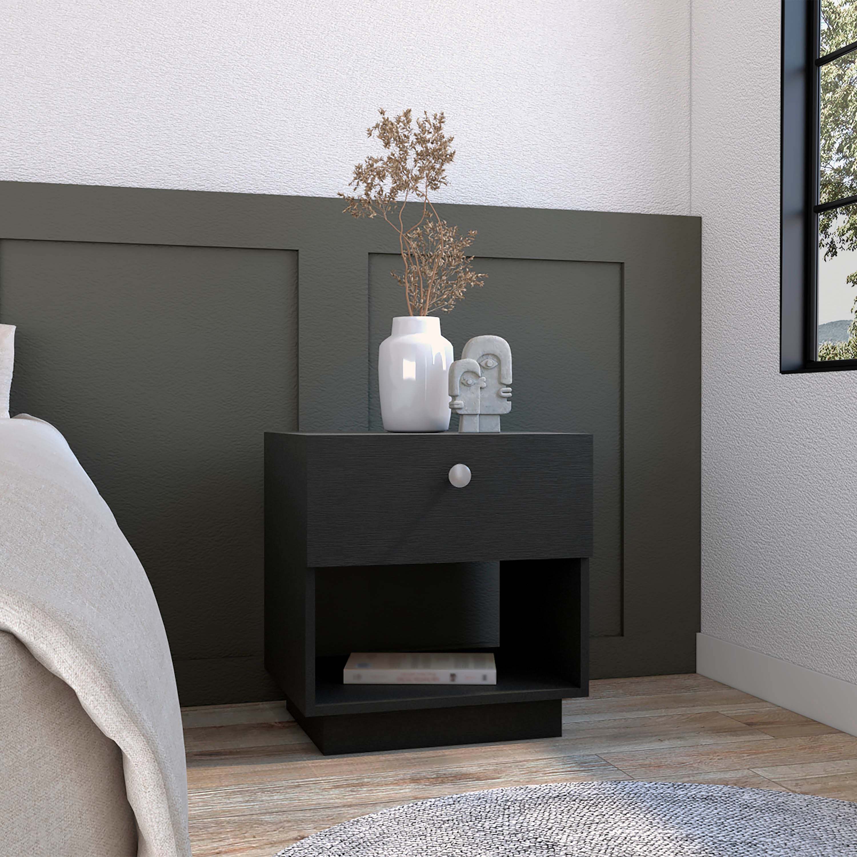 Single Drawer Nightstand 19'H with Open Storage Shelf, Black