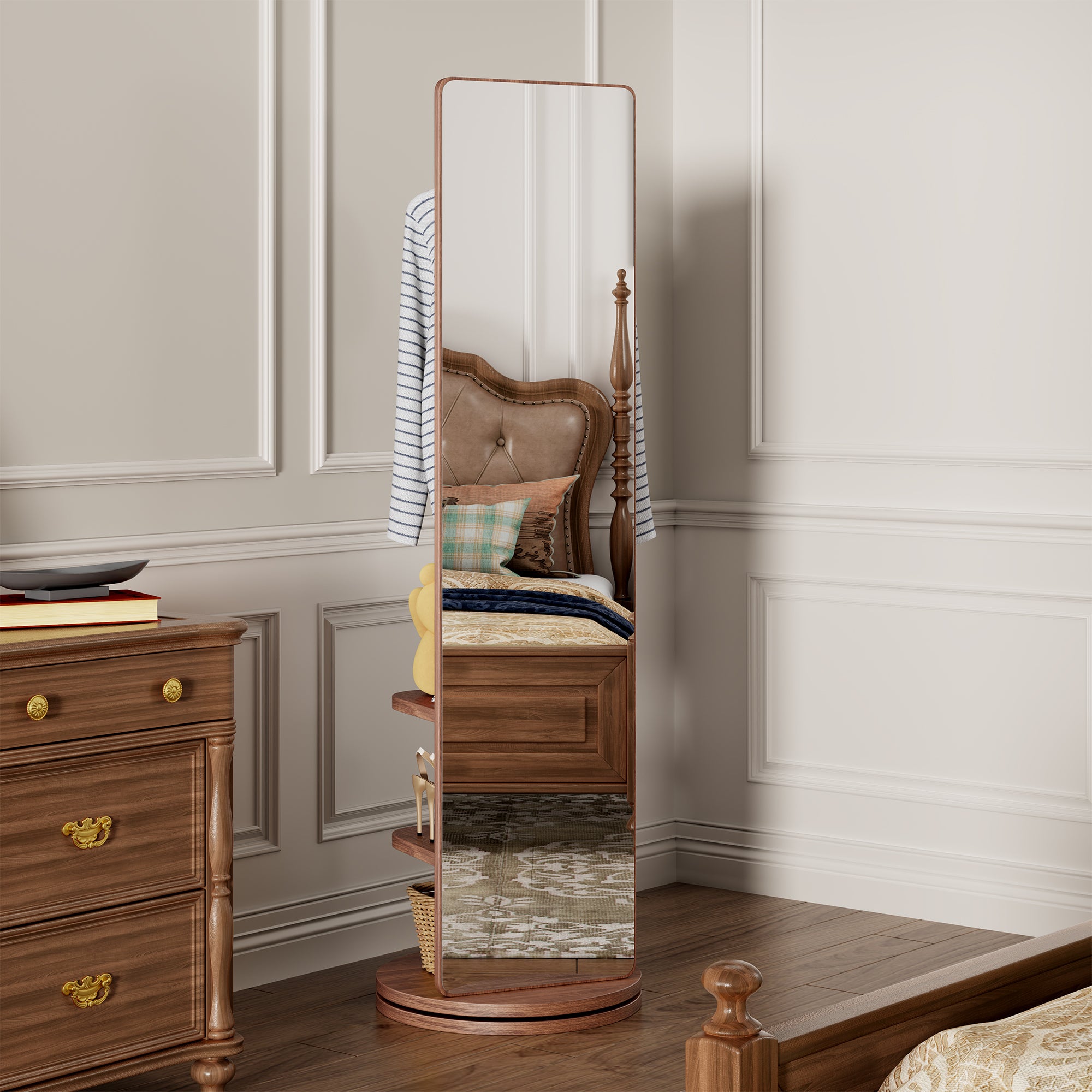 360° Rotating 66'x14' Multifunctional Full Length Mirror with Hook Storage Rack Coat Rack with Mirror Solid Wood Floor Mirror Bedroom Living Room Cloakroom Space Saving (walnut)