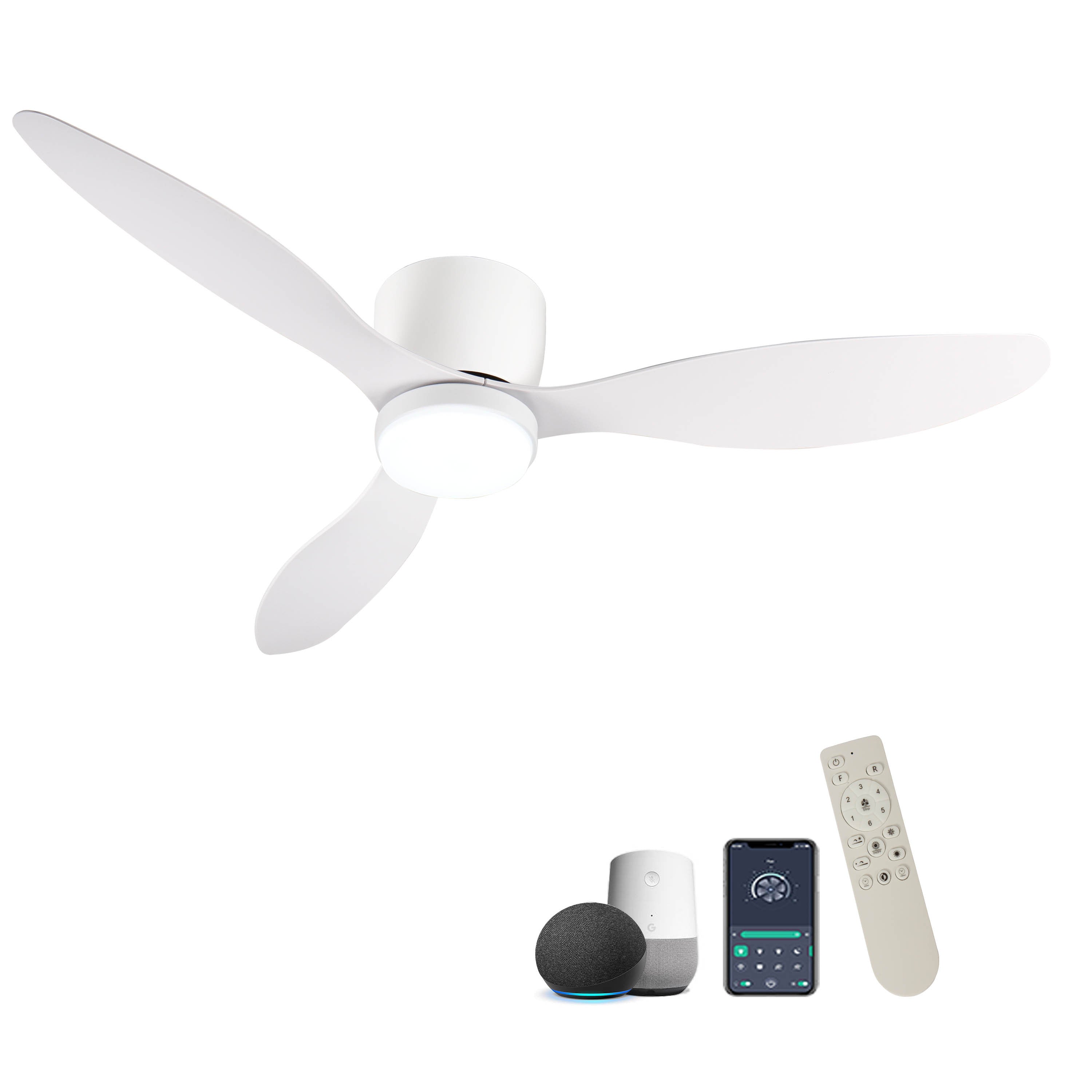 52' Smart Flush Mount Ceiling Fans with Lights Remote,Quiet DC Motor,Outdoor Indoor Low Profile white Ceiling Fan,Control with WIFI Alexa App,Dimmable,ABS blades,for Modern Bedroom Patio