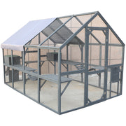 Spacious Wooden Cat Catio Outdoor Kitty House with Bridges and Roof Cover in Gray, 110 Inch