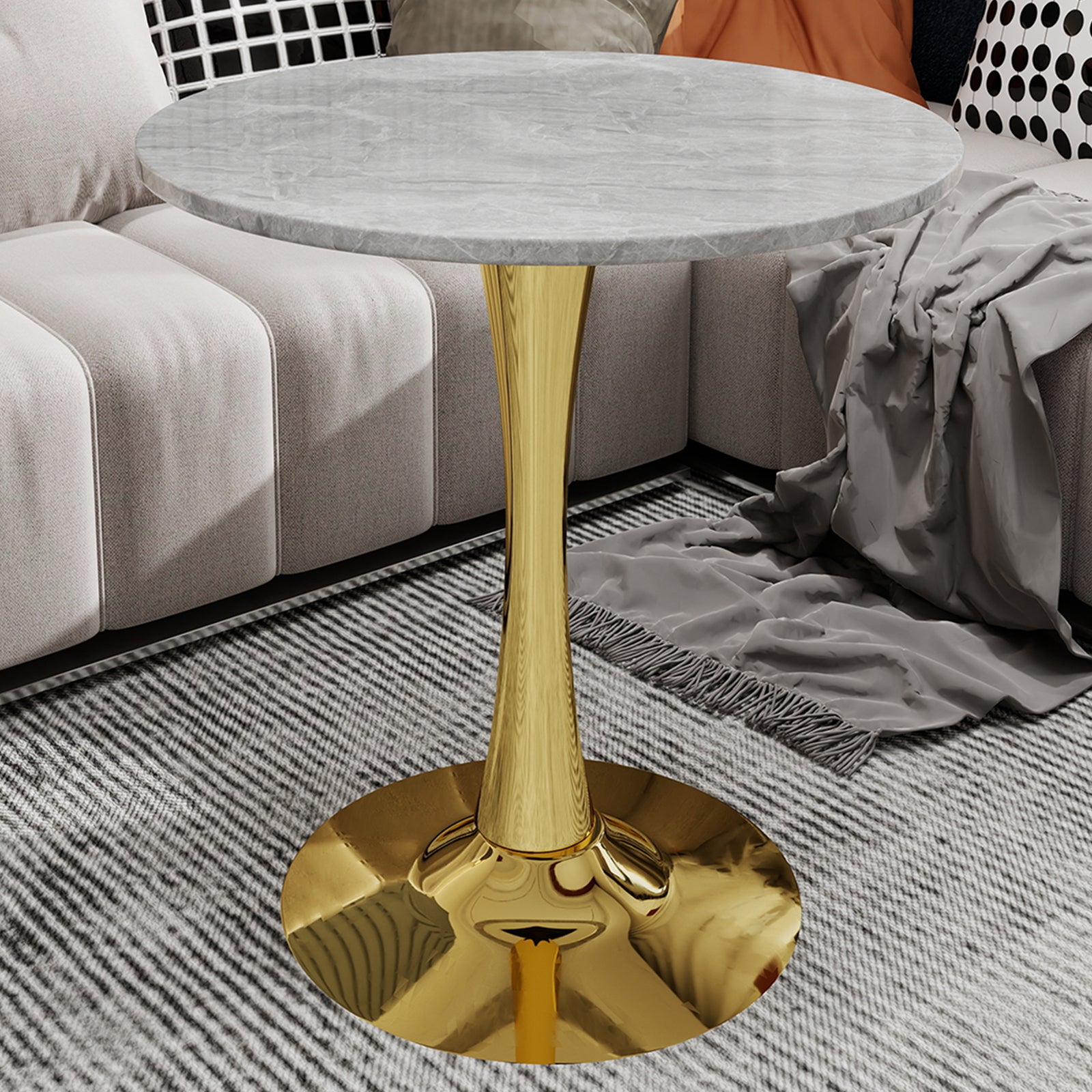 27.6-inch gold coffee table, mid-century modern style dining table, accommodates 2-4 people, featuring a round light gray textured marble tabletop, suitable for various settings.