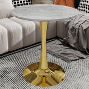 27.6-inch gold coffee table, mid-century modern style dining table, accommodates 2-4 people, featuring a round light gray textured marble tabletop, suitable for various settings.