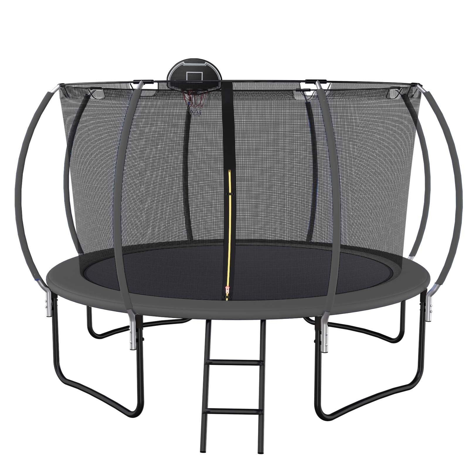 12 FT TRAMPOLINE BLACK PUMPKIN-STYLE SAFETY NET WITH BASKETBALL HOOP