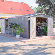 10x14 FT Outdoor Metal Storage Shed, Large Garden Shed Tool Shed with 3 Lockable Doors & Side Door, Waterproof Yard Building with 4 Air Vents for Backyard, Patio, Light Gray