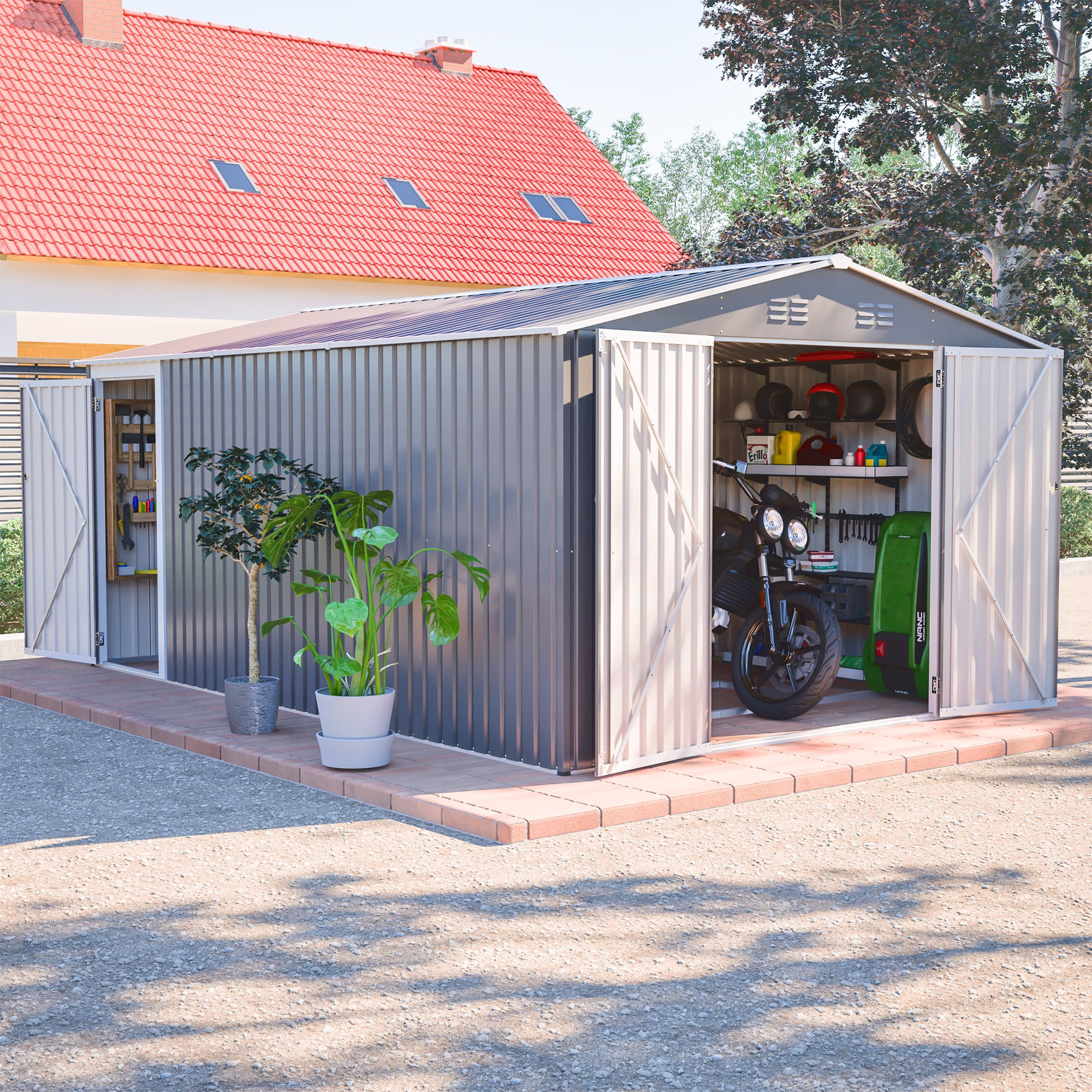 10x14 FT Outdoor Metal Storage Shed, Large Garden Shed Tool Shed with 3 Lockable Doors & Side Door, Waterproof Yard Building with 4 Air Vents for Backyard, Patio, Light Gray